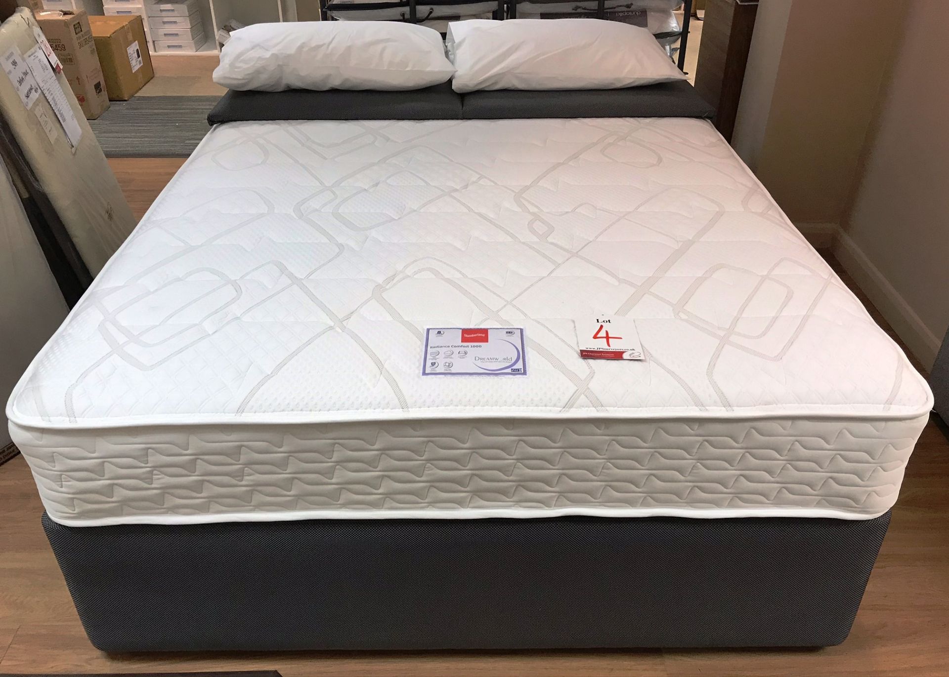 Ex Display Slumberland Radiance Comfort 1000 King Mattress w/ 2 Drawer Bed Frame & Cirrus Headboard