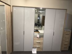 Ex Display Kim 254cm Hinged 5 Door Wardrobe w/ Mirror & Glass Doors in Silk Grey | RRP£1,675