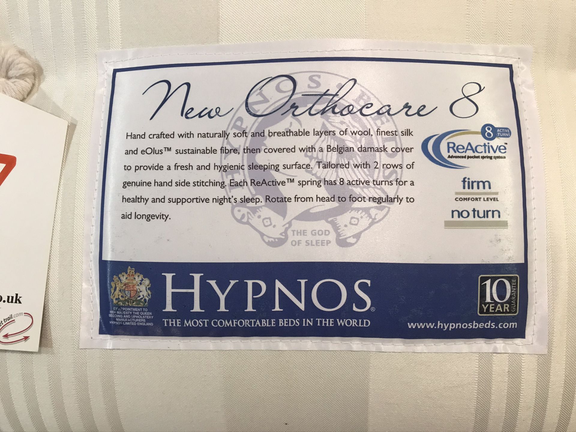 Ex Display Hypnos Orthocare 8 King Size Mattress w/ Bed Frame & Slim/Wide Headboard - Biscuit Weave - Image 2 of 5