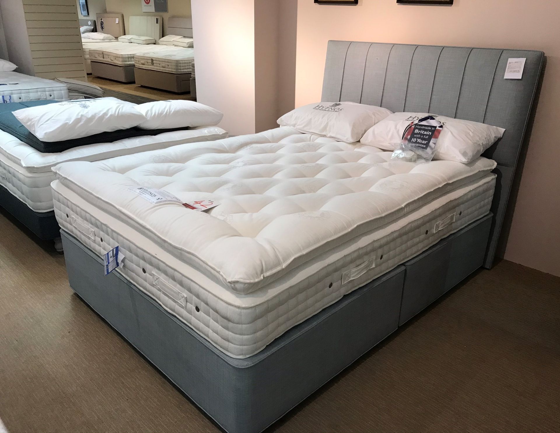 Ex Display Hypnos Melody PillowTop King Size Mattress w/ Bed Frame & Slim/Wide Headboard in Linoso S