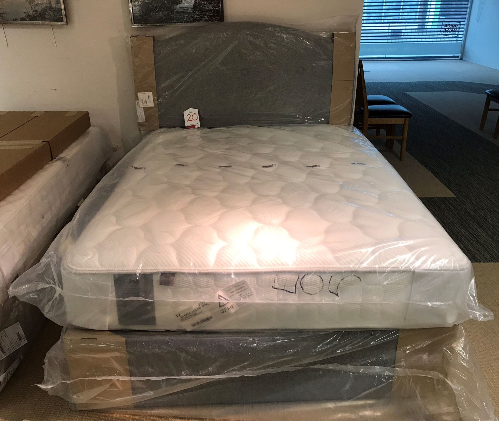 New Sealy Genoa Latex 1400 King Size Mattress w/ 2 Drawer Bed Frame & Headboard in Pebble | RRP£1,44