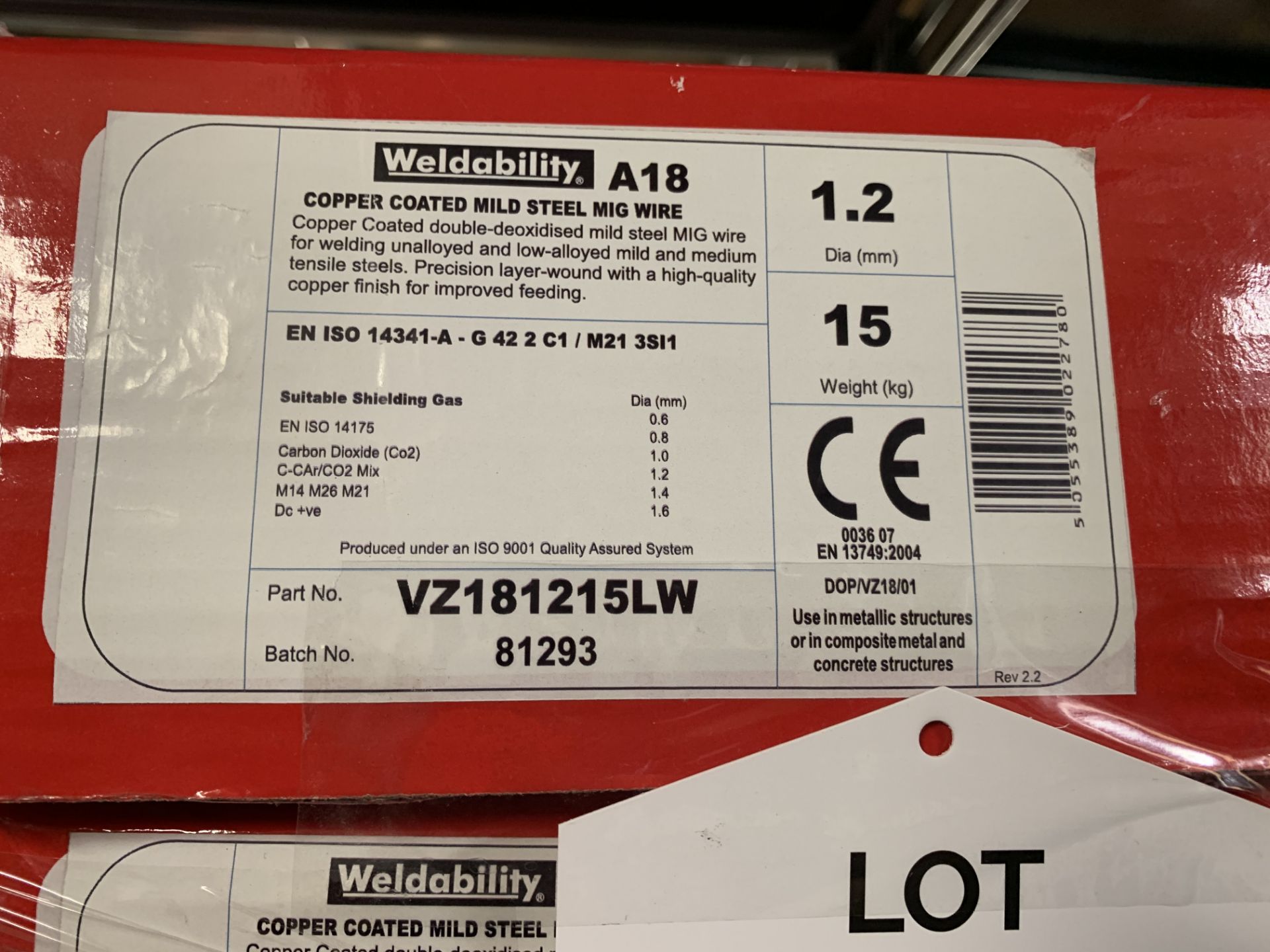 2 x Weldability Sif VZ181215LW A18/G3Si1 MIG Wire 1.2mm 15kg - Image 2 of 2
