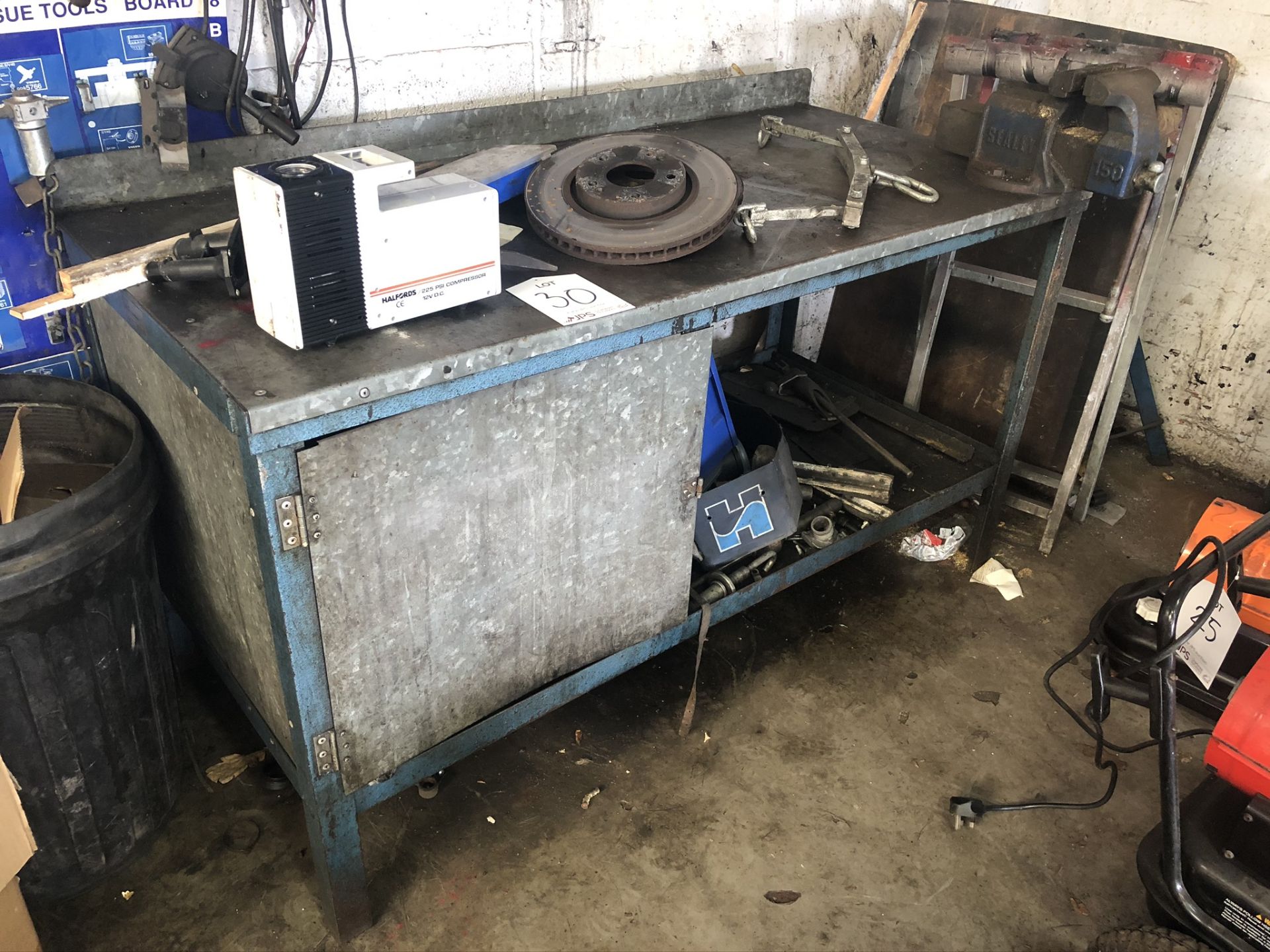 Metal Workbench w/ Cupboard, Undershelf & Mechanical Vice