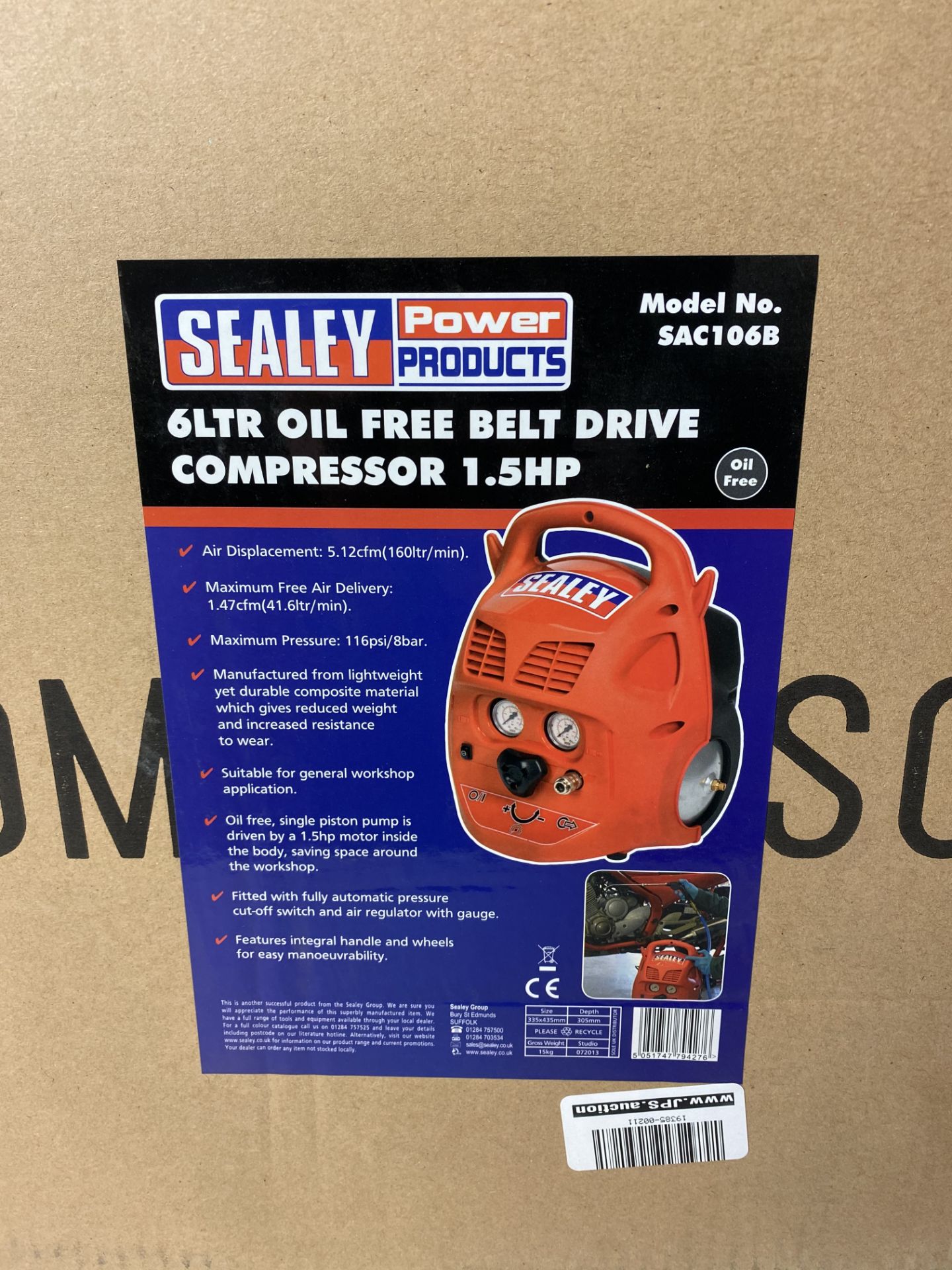 Sealey Compressor 6ltr Belt Drive 1.5hp Oil Free SAC106B