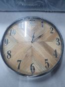 Natural Oak Wood Faced Wall Clock w/Polished Chrome Finish