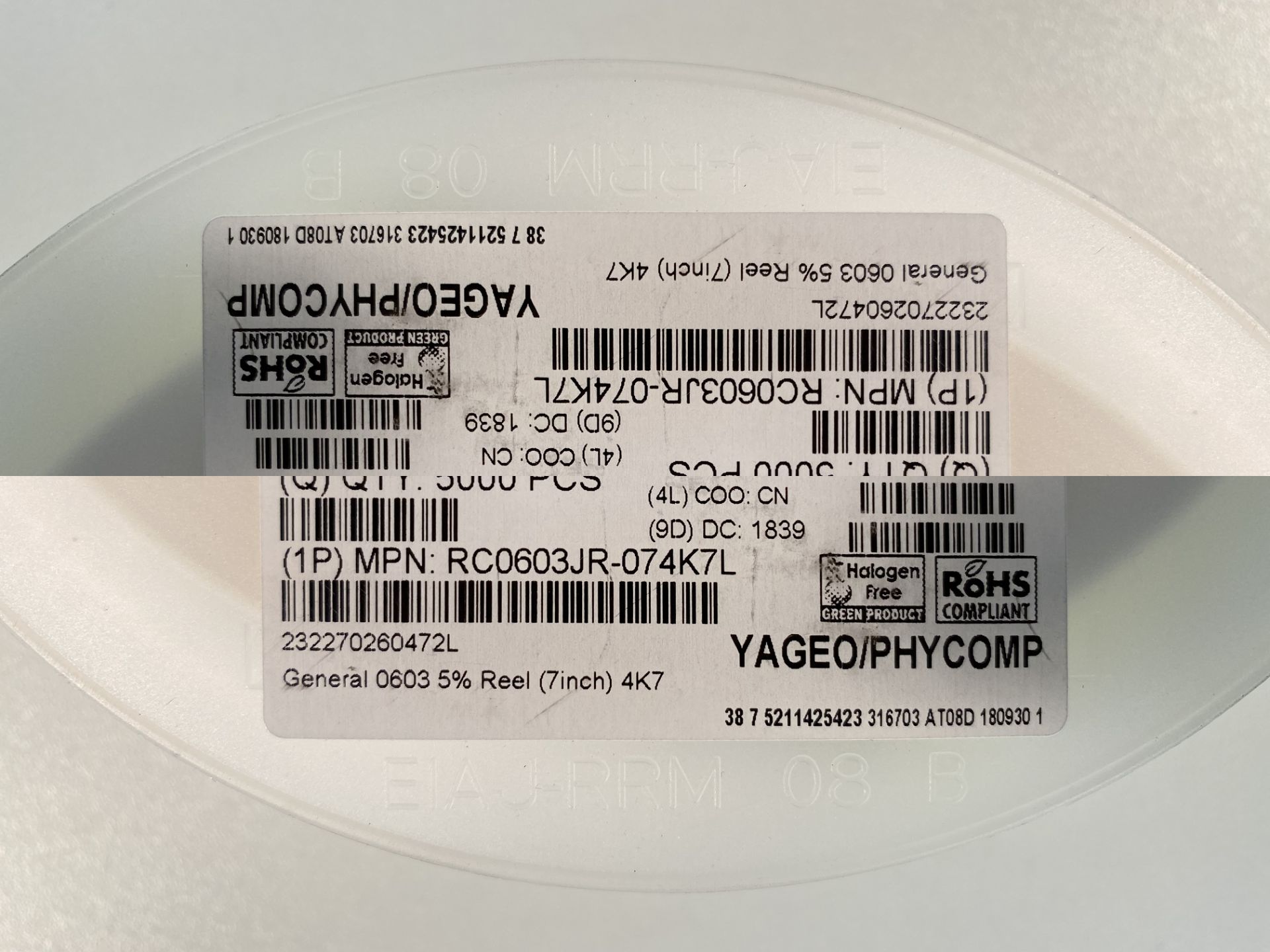 18 x 5,000 x Yeageo RC0603JR-074K7 Chip SMD Resistor RES, THICK FILM, 4K7, 5%, 0.1W, 0603, REEL - Image 12 of 12