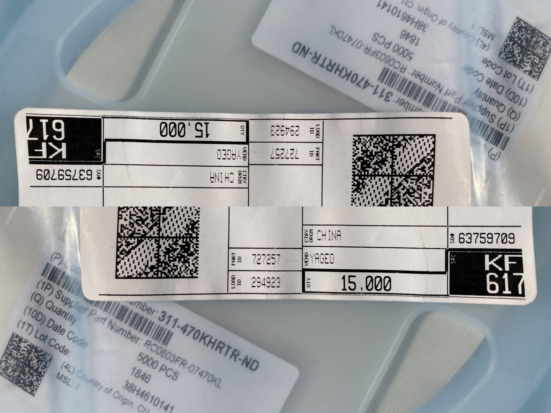 15,000 x Yageo RC0603FR-07470KL 470kΩ, 0603 (1608M) Thick Film SMD Resistor ±1% 0.1 W, 0.2 W - - Image 3 of 3