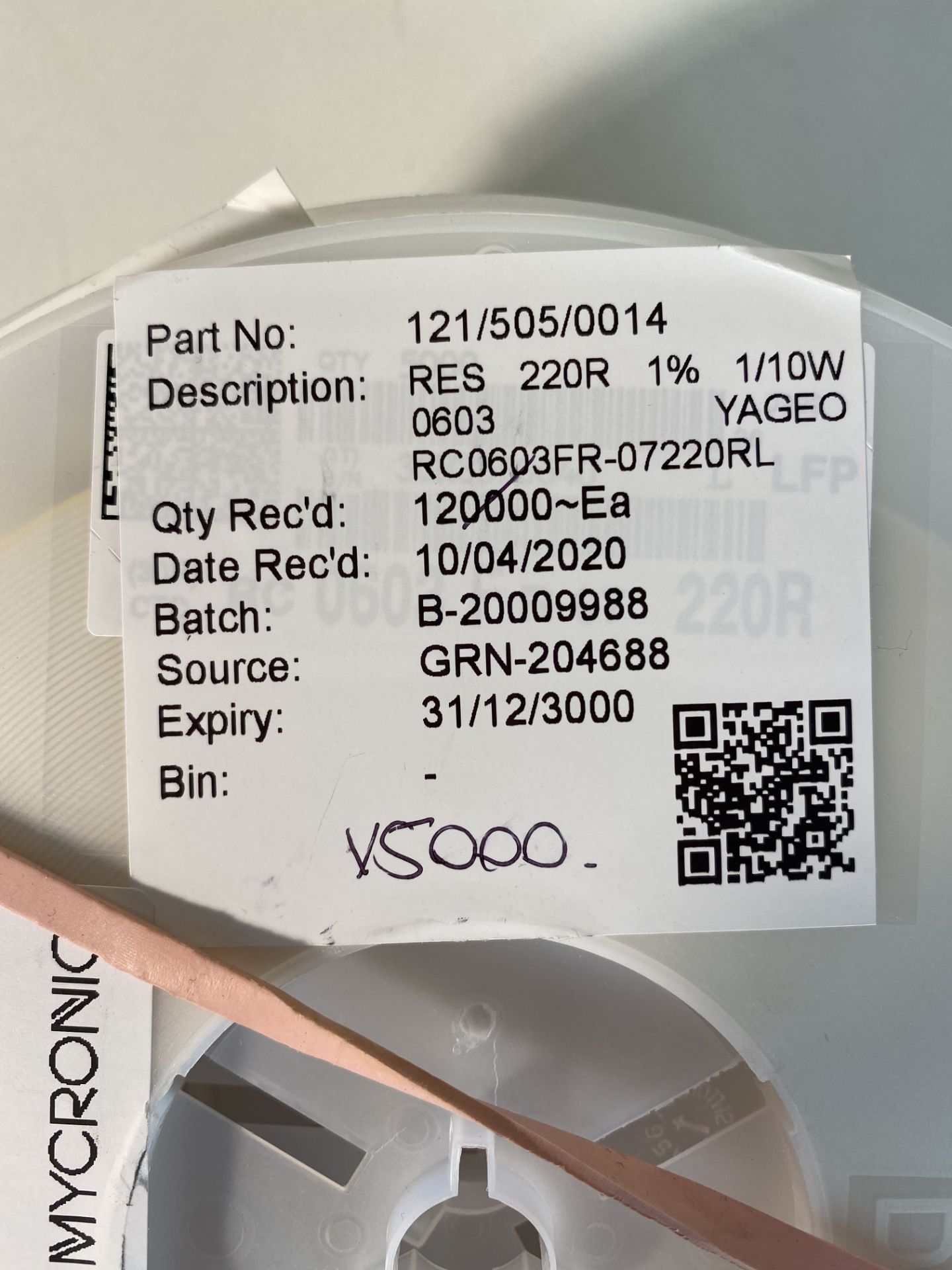 25 x 5,000 x Yageo RC0603FR-07220RL SMD Chip Resistor, 220 ohm, ± 1%, 100 mW, 0603 [1608 Metric], Th - Image 9 of 10