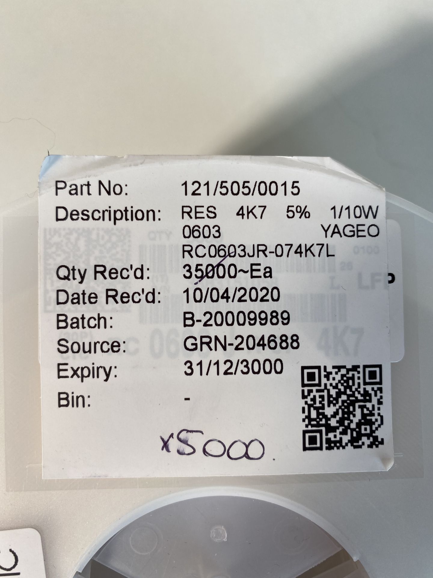 18 x 5,000 x Yeageo RC0603JR-074K7 Chip SMD Resistor RES, THICK FILM, 4K7, 5%, 0.1W, 0603, REEL - Image 11 of 12