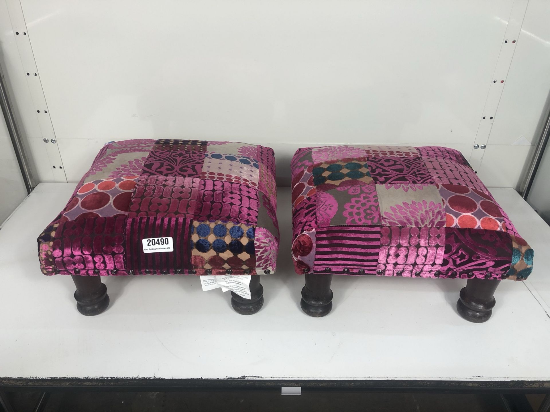 2 x Low Height Fabric Chequered Footstools in Pink/Purple