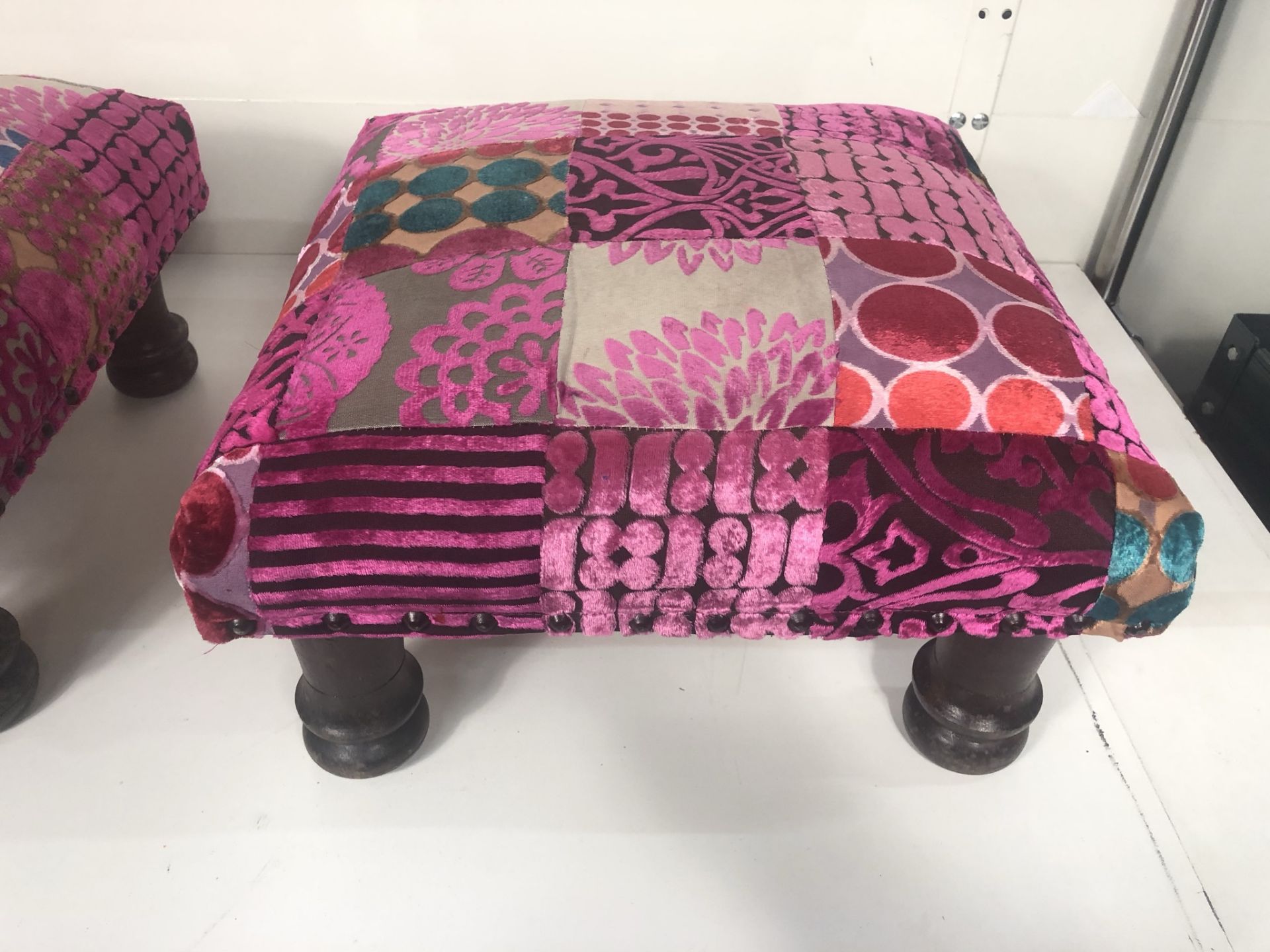 2 x Low Height Fabric Chequered Footstools in Pink/Purple - Image 2 of 3