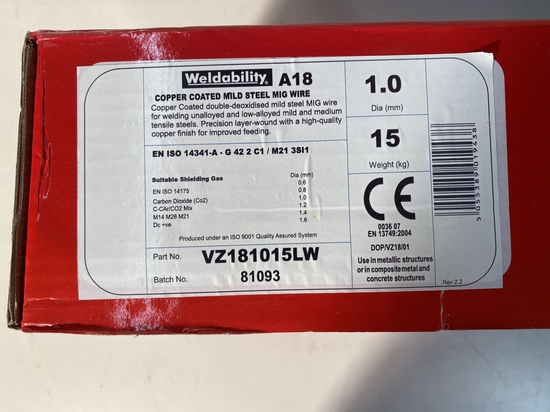 2 x WELDABILITY SIF VZ181015LW A18/G3SI1 MIG WIRE 1.0MM 15KG - Image 2 of 2