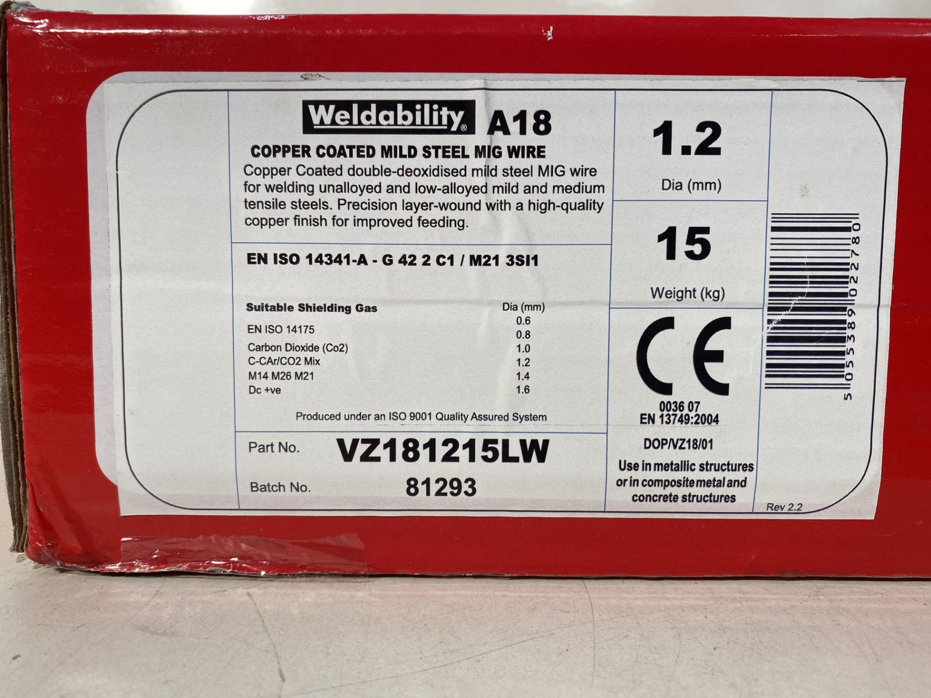 2 x Weldability Sif VZ181215LW A18/G3Si1 MIG Wire 1.2mm 15kg - Image 2 of 2