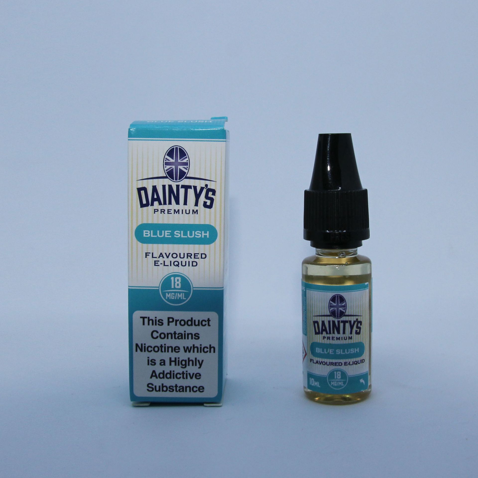 400 x Bottles of Dainty's Premium Flavoured E-Liquid 10ml Blue Slush, 18mg Nicotine, Products have s