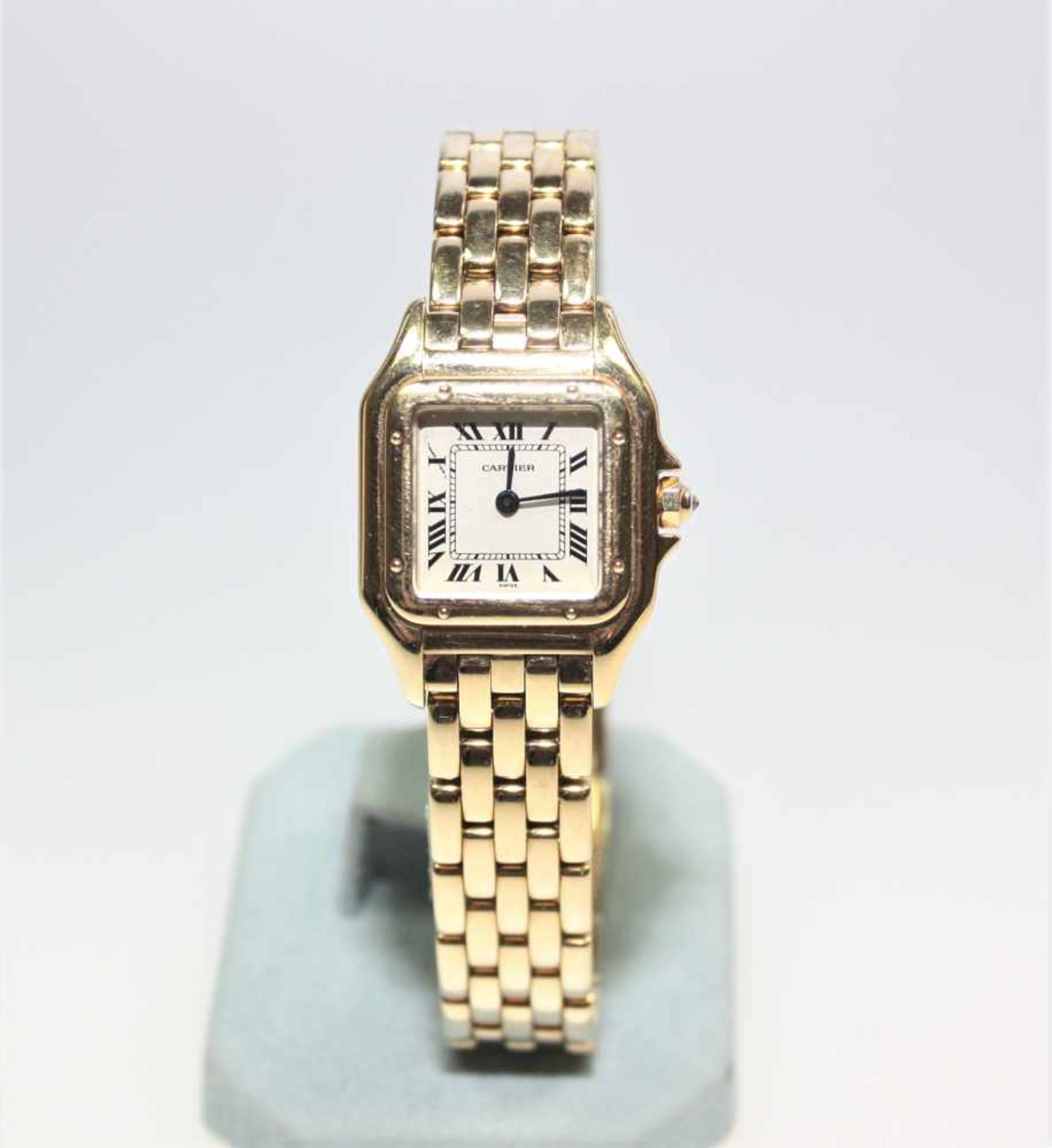 Goldene Damen-Armbanduhr 750/f gest. signiert Cartier, Lady Santos, Quarz, kleiner Diamant in