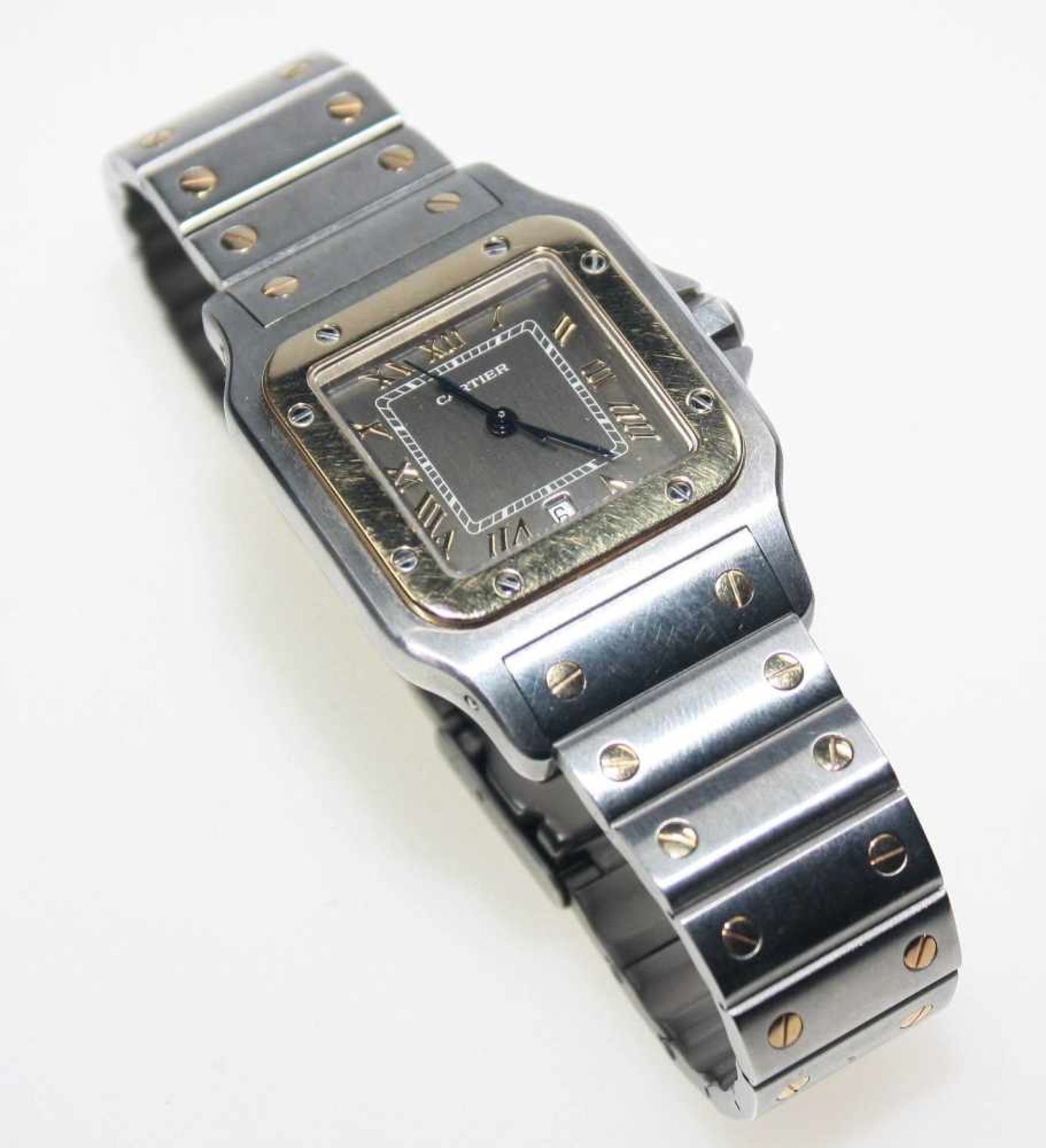 Herren-Armbanduhr Stahl/Gold Cartier Modell Santos Galbeé, stumpf/quadratisches Zifferblatt mit