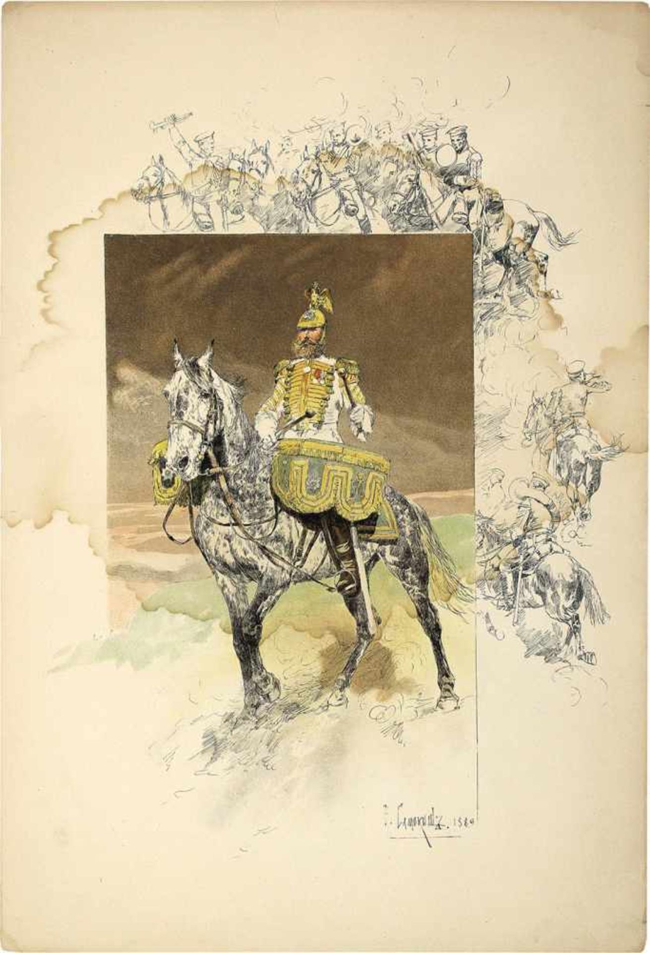 Mappe mit Lithographien "Skizzen von N. Samokysch aus dem Leben der Leibgarde-Kavallerie".Ausgabe I. - Bild 5 aus 9