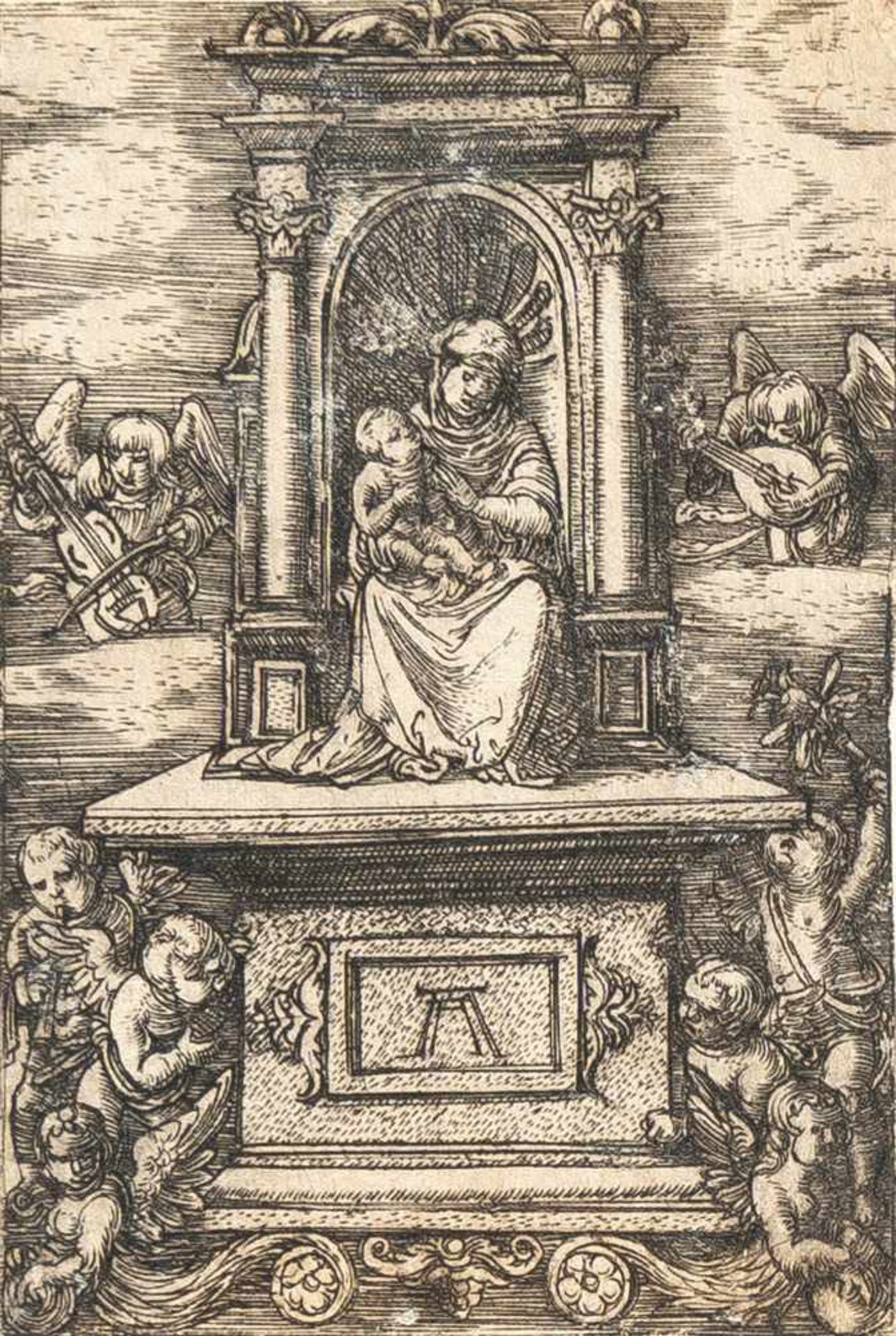 Albrecht AltdorferDie "Schöne Maria" auf dem ThronKupferstich auf Bütten. (Um 1519/1520). 6,1 x 4,