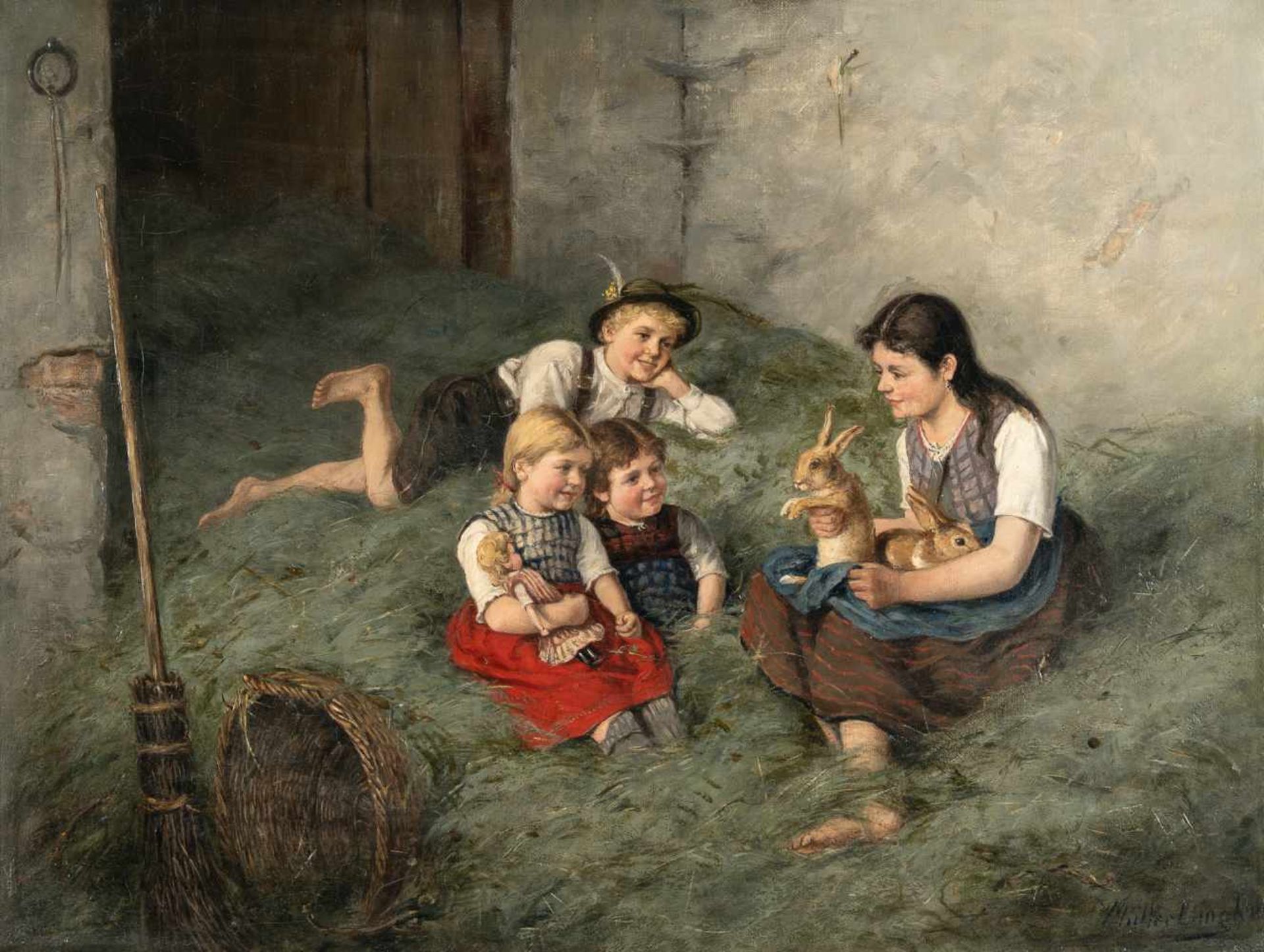 Albert Müller-LingkeSpielende Kinder mit Hasen im Heu (Kinderidyll)Öl auf Leinwand, doubliert. 48