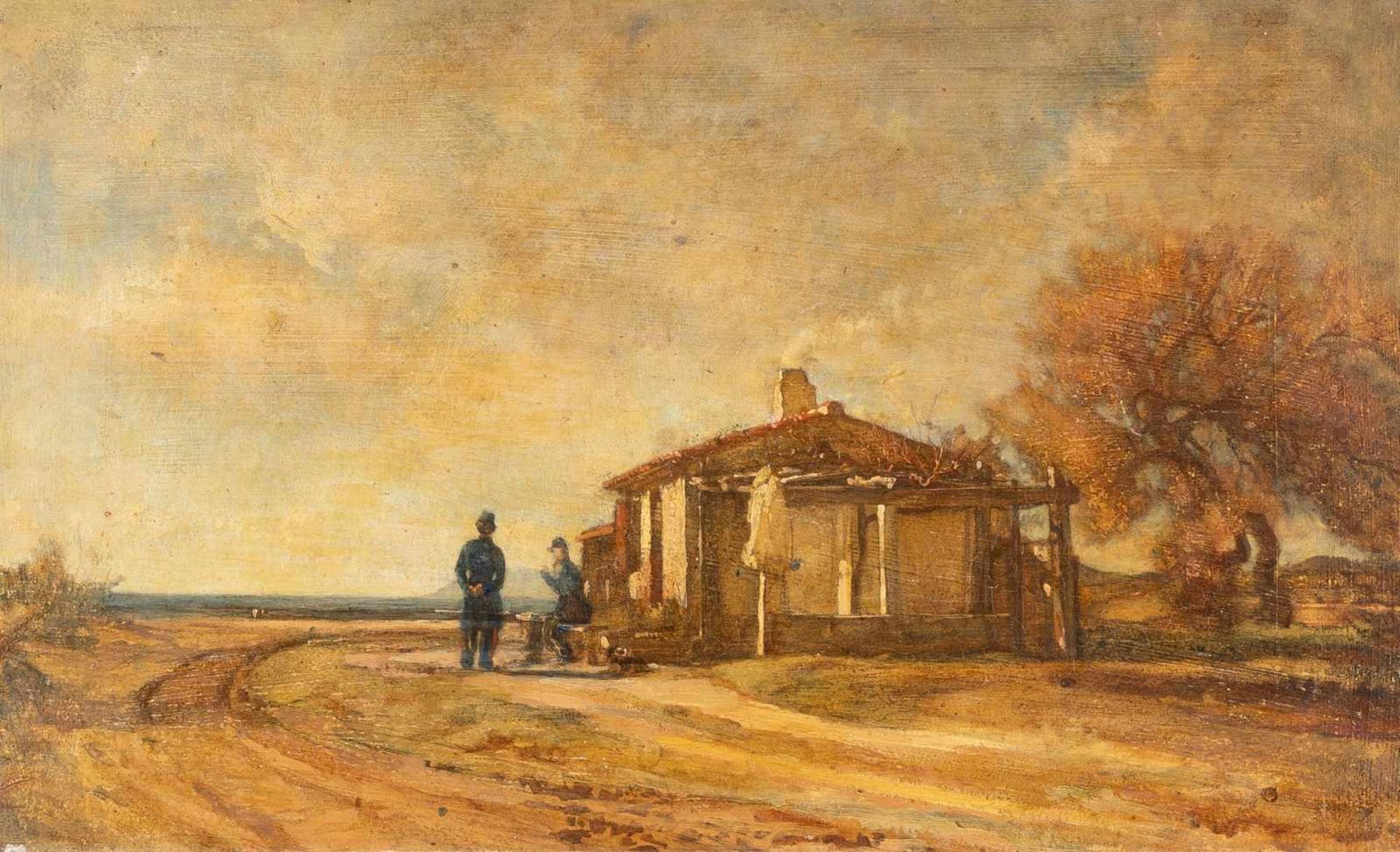 Friedrich SimonAn der ZollstationÖl auf Pappe. 35,3 x 57,4 cm.Privatbesitz, Süddeutschland.Friedrich