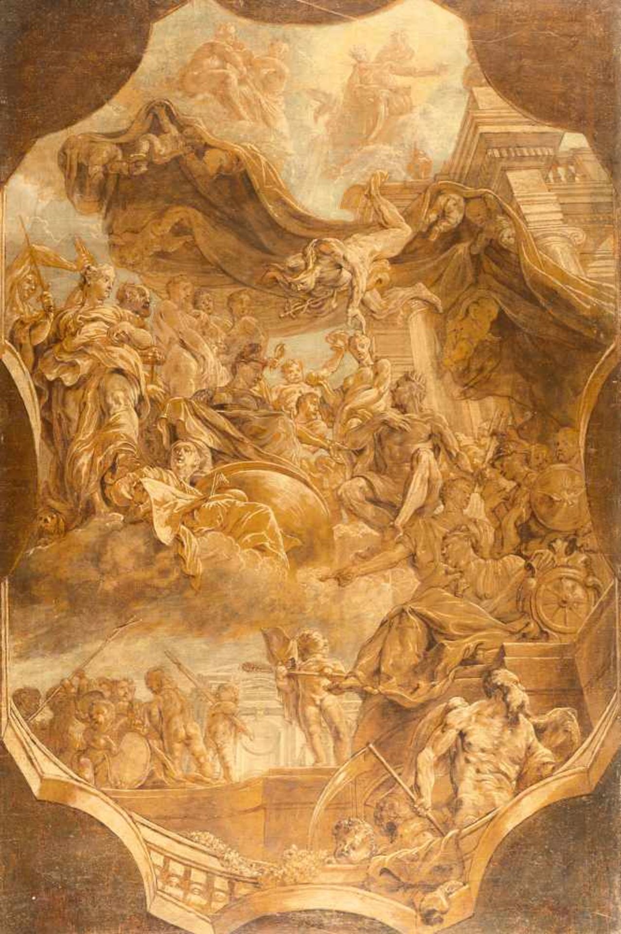FlemishDie Götter im OlympÖl (in Grisaille) auf Leinwand, doubliert. (Um 1700). 81,5 x 53,5 cm.