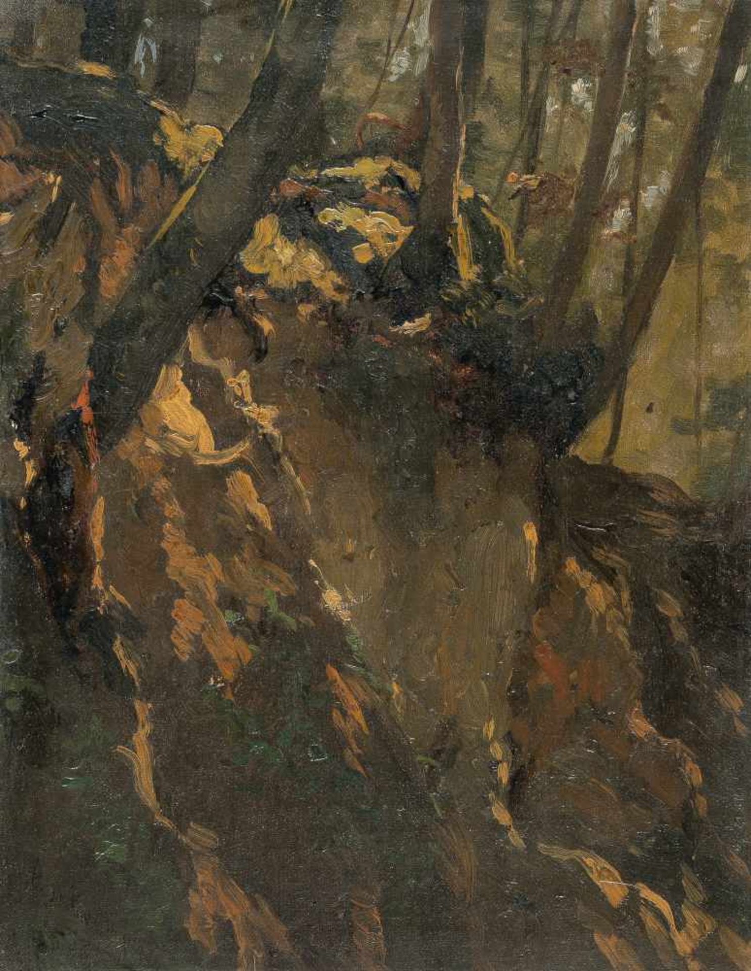 Hugo KauffmannWaldstudieÖl auf Leinwand, auf Karton aufgezogen. (18)75. 31 x 23 cm. Signiert und