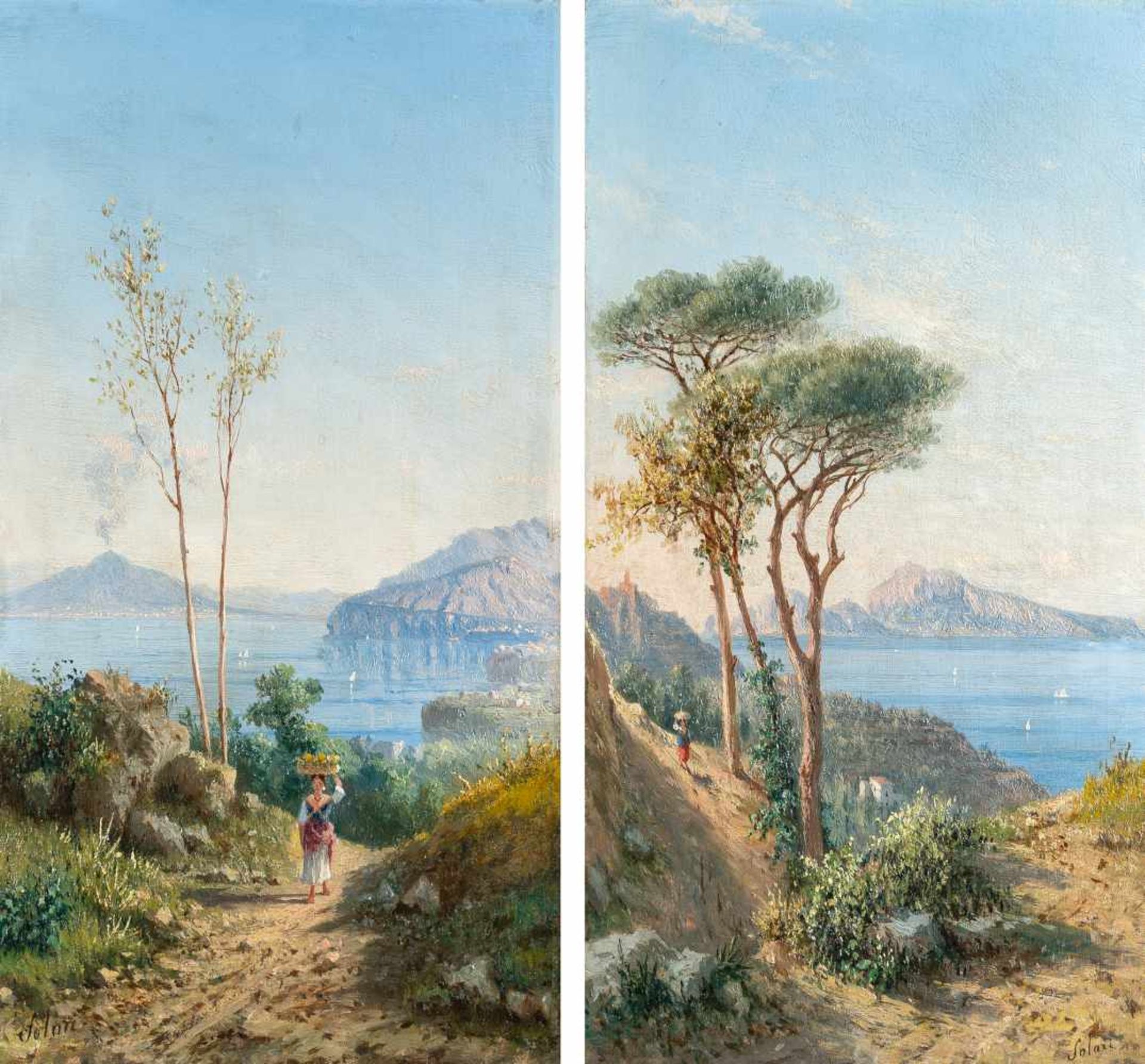 Achille SolariPendants: Blick auf Neapel – Blick auf CapriÖl auf Holz. Je 33 x 17,7 cm. Signiert