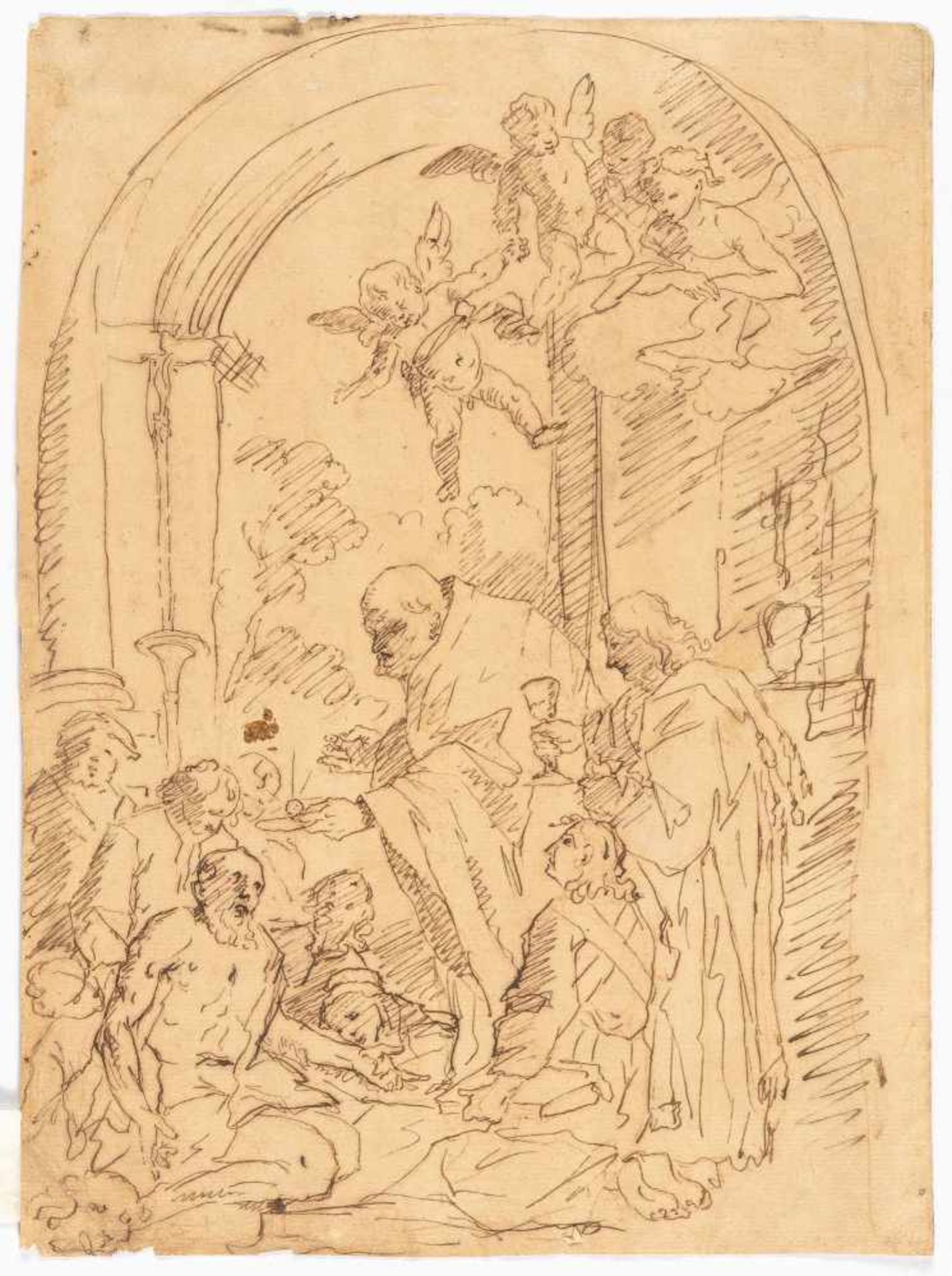 ItalianHeilige KommunionFeder in Braun über Rötel auf Bütten. (Um 1650). 26,5 x 19,5 cm. Verso - Bild 2 aus 3