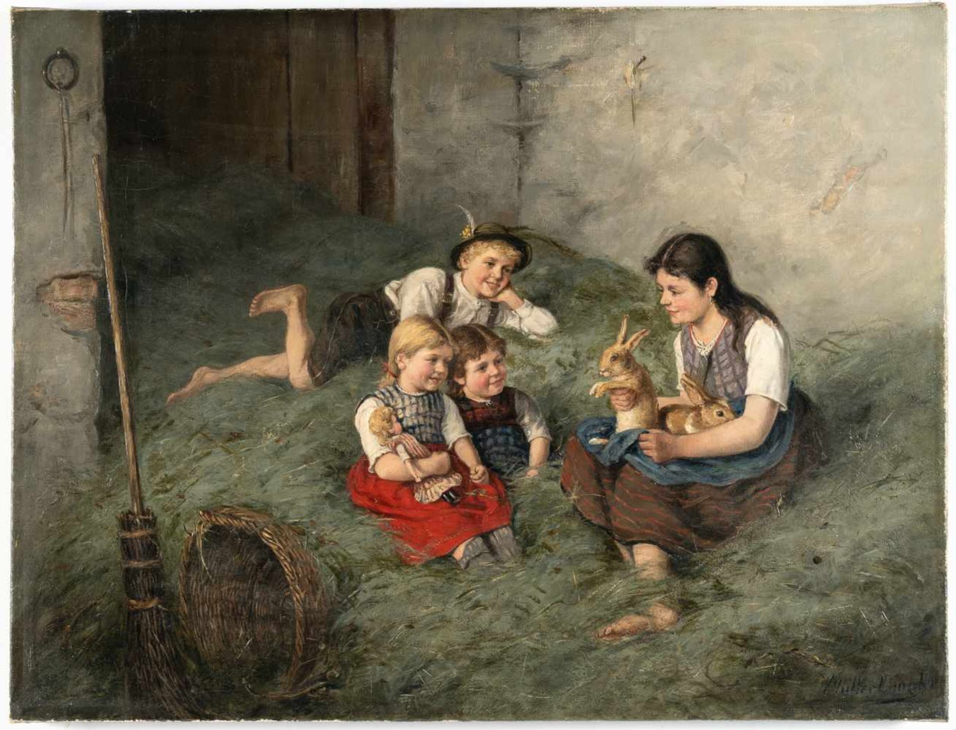 Albert Müller-LingkeSpielende Kinder mit Hasen im Heu (Kinderidyll)Öl auf Leinwand, doubliert. 48 - Bild 2 aus 3