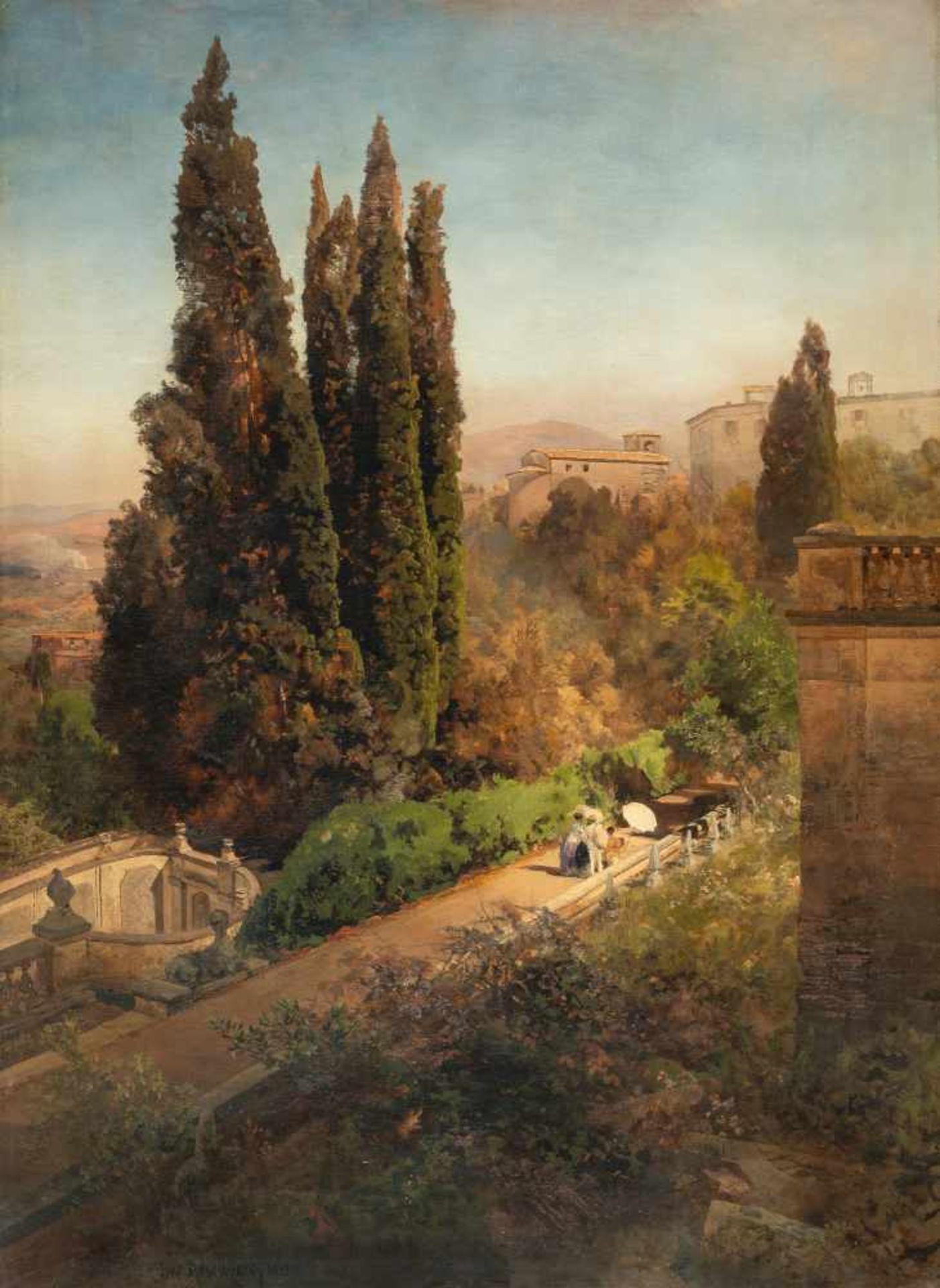 Oswald AchenbachBlick in den Garten der Villa d´Este in TivoliÖl auf Leinwand. 1881. 110 x 81 cm.