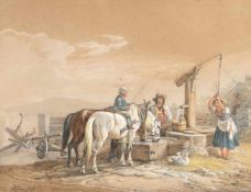 Johann Adam KleinBauern mit Pferden an der TränkeAquarell und Gouache über Bleistift auf braunem