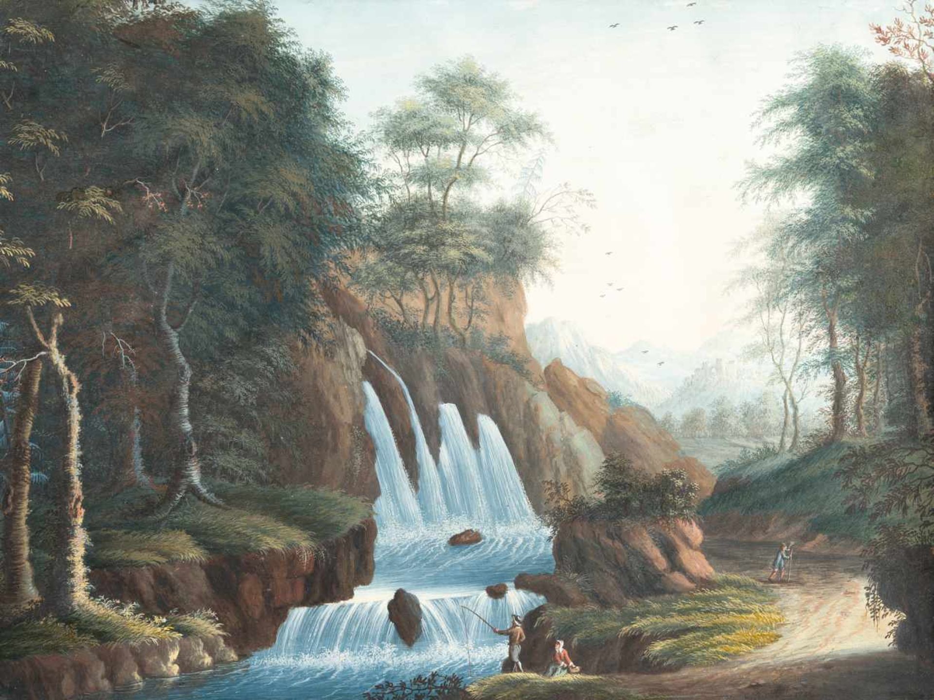 GermanIdyllische Landschaft mit WasserfallGouache auf Velin. 1796. 24,6 x 32,6 cm. Monogrammiert „