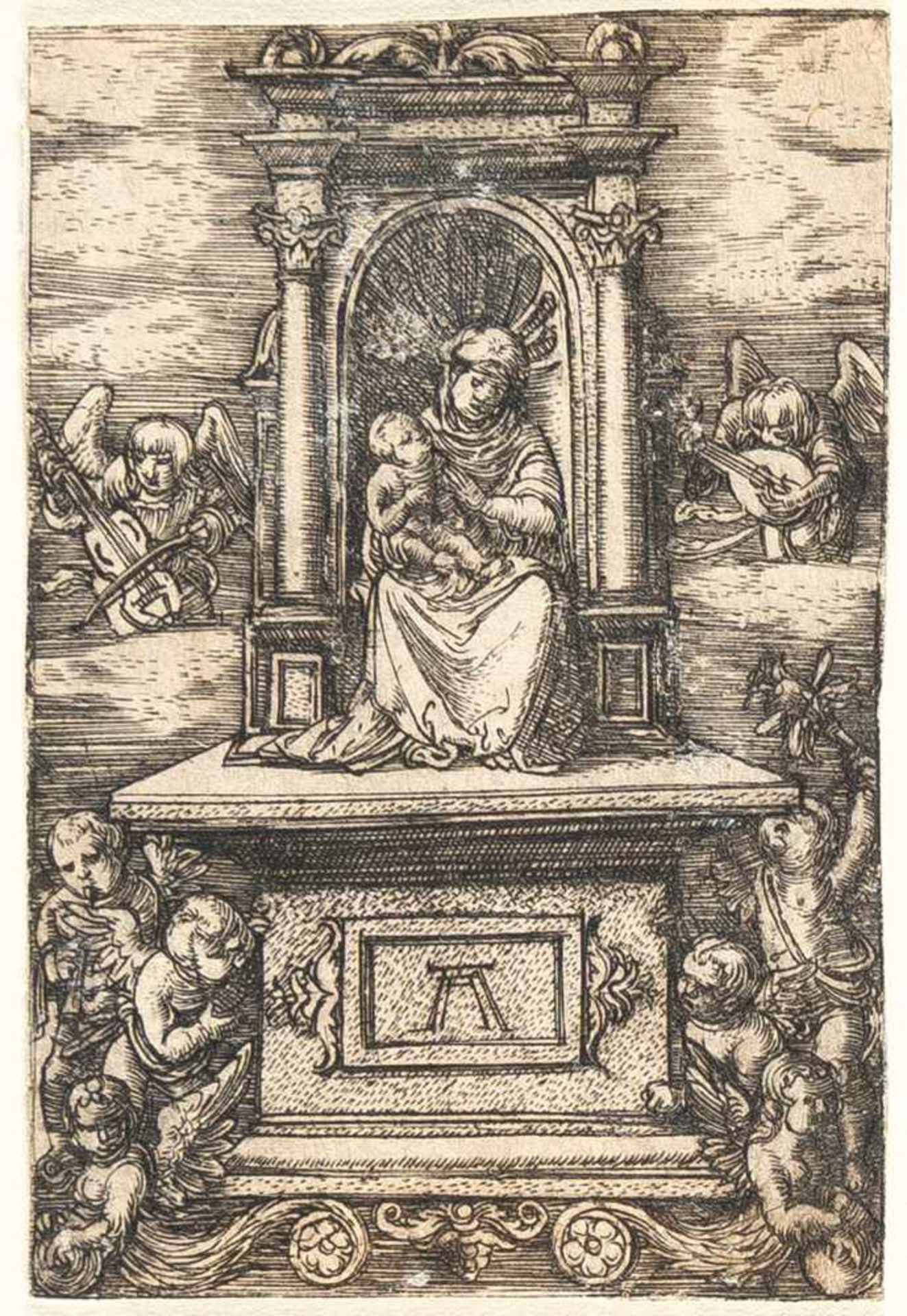 Albrecht AltdorferDie "Schöne Maria" auf dem ThronKupferstich auf Bütten. (Um 1519/1520). 6,1 x 4, - Bild 2 aus 3