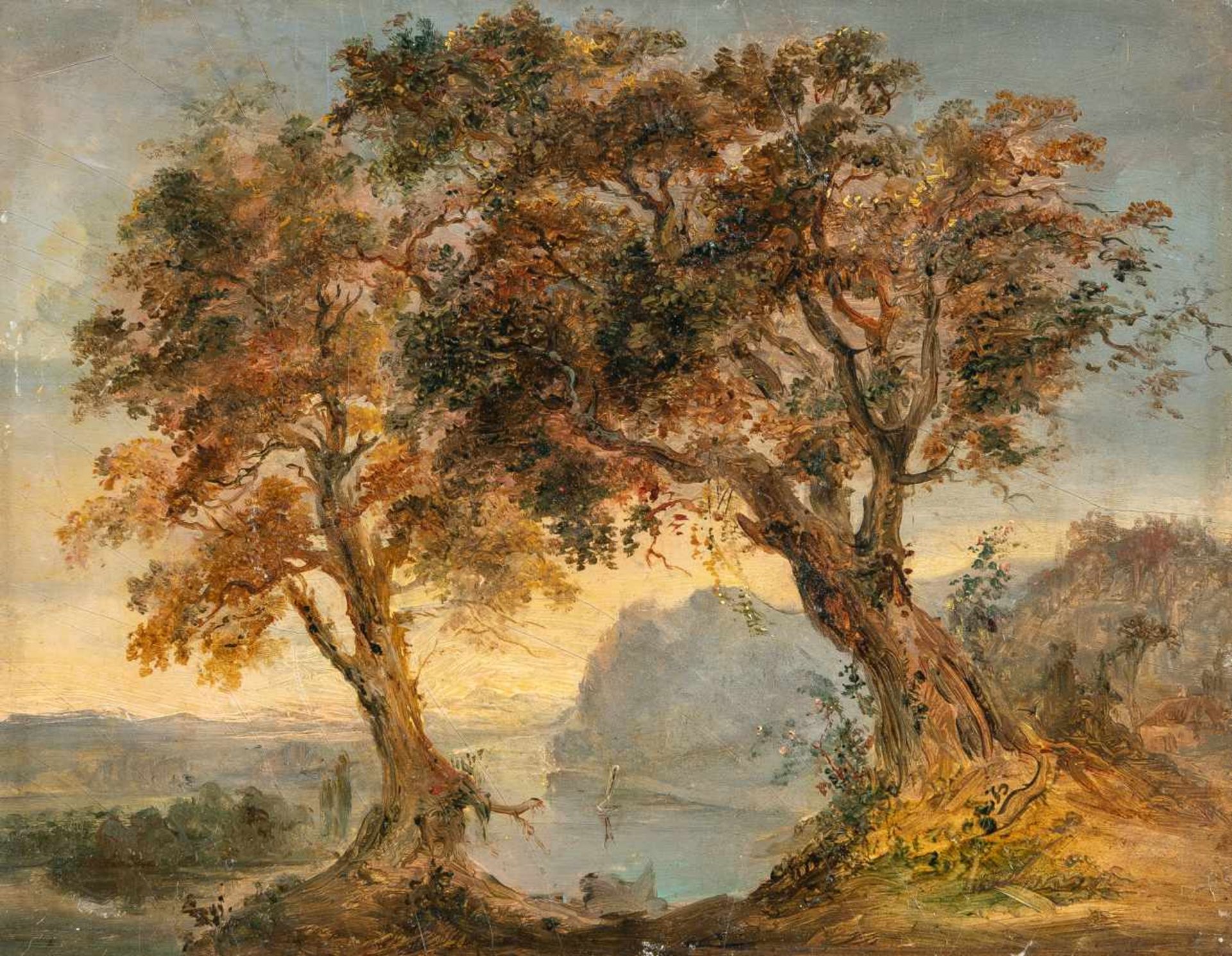 Johann Georg Von Dillis (attributed)Bäume über FlusstalÖl auf Malpappe. 14,5 x 18,3 cm.Privatbesitz,