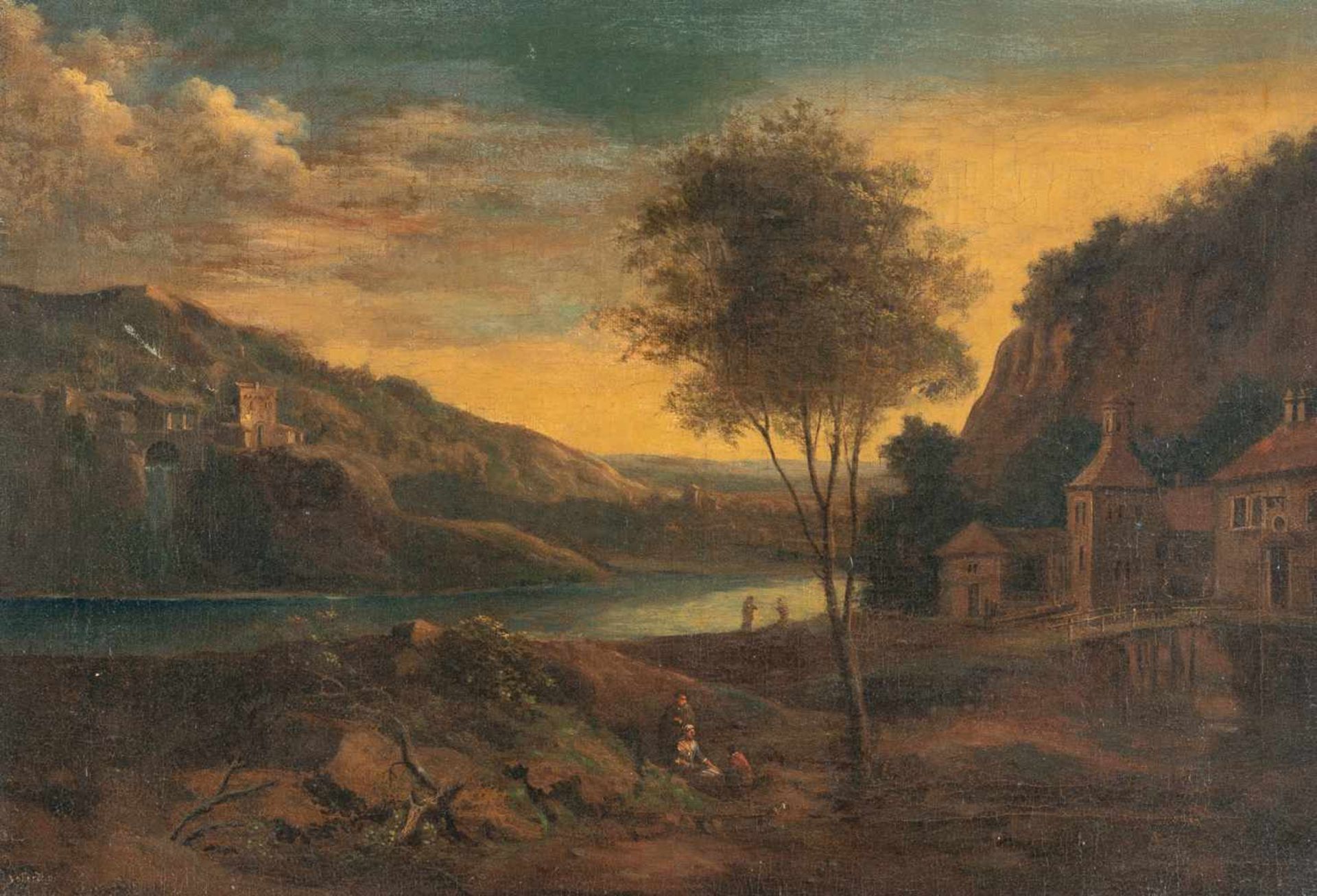 Johann Christian VollerdtBergige Flusslandschaft mit einem Kastell auf einem HügelÖl auf Leinwand,