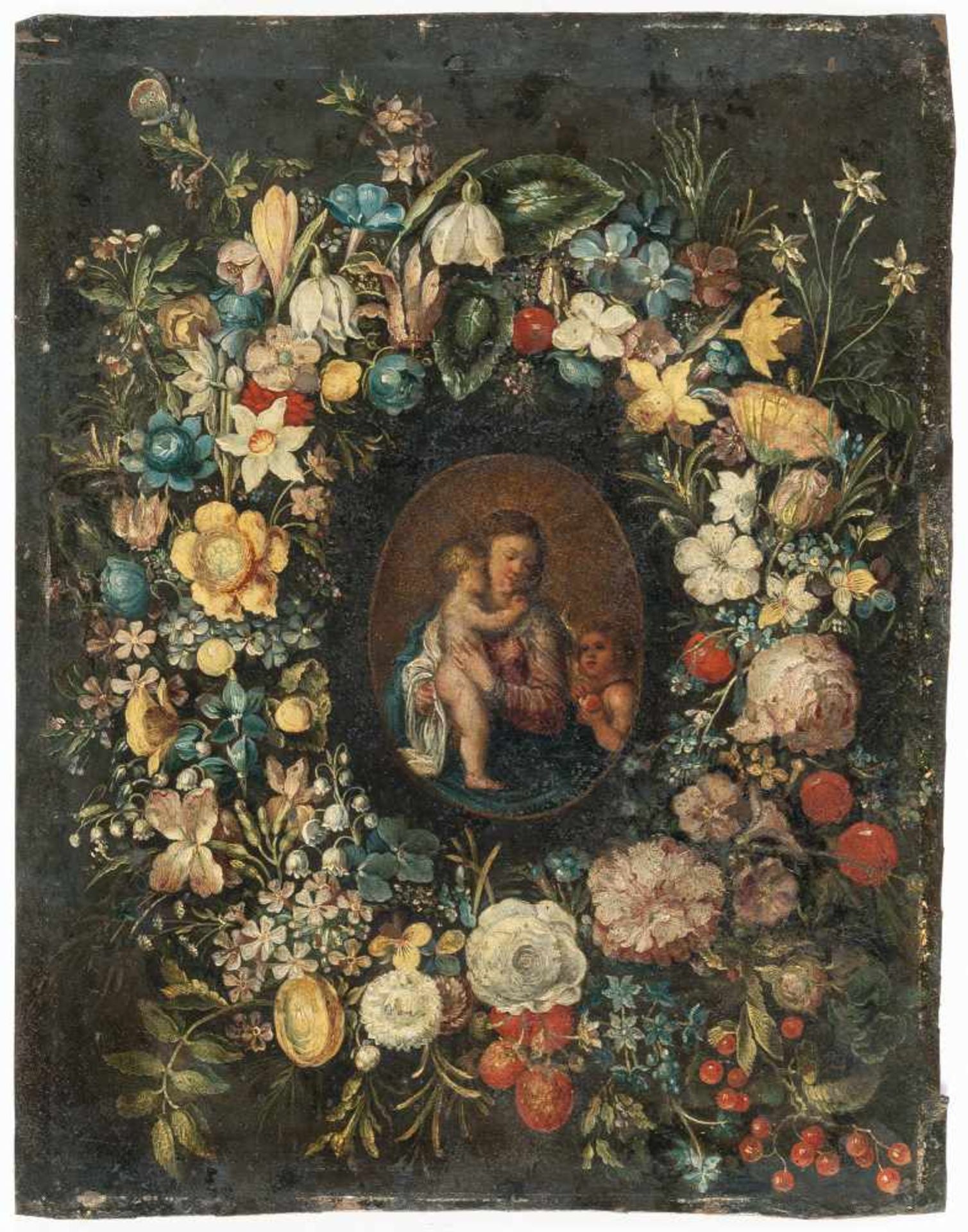Antwerpener SchuleBlumenkranz mit Madonna und Kind und dem JohannesknabenÖl auf Kupfer. (2. - Bild 2 aus 3