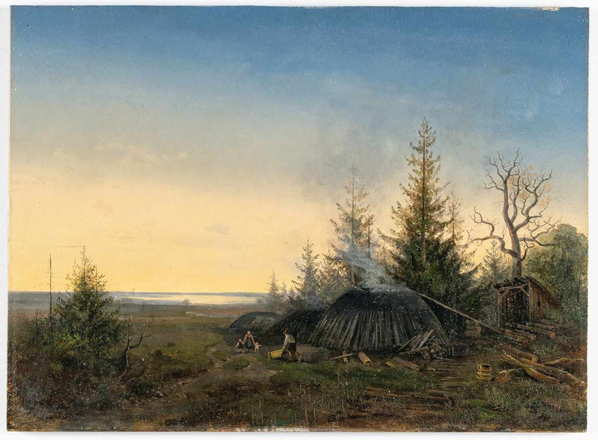 Franz Xaver Von HofstettenMorgendliche Landschaft mit HolzköhlerÖl auf Holz. 1839. 32,5 x 44,5 cm. - Bild 2 aus 2
