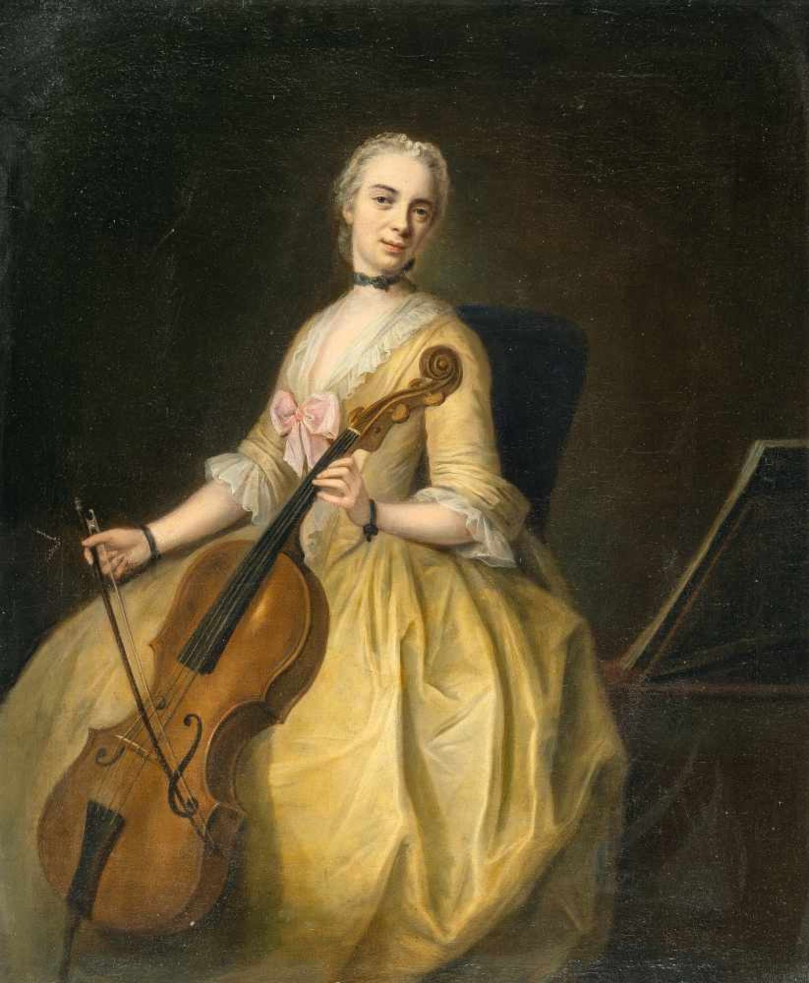 Balthasar DennerBildnis der Tochter des Künstlers, Cello spielendÖl auf Leinwand. 75 x 62 cm.