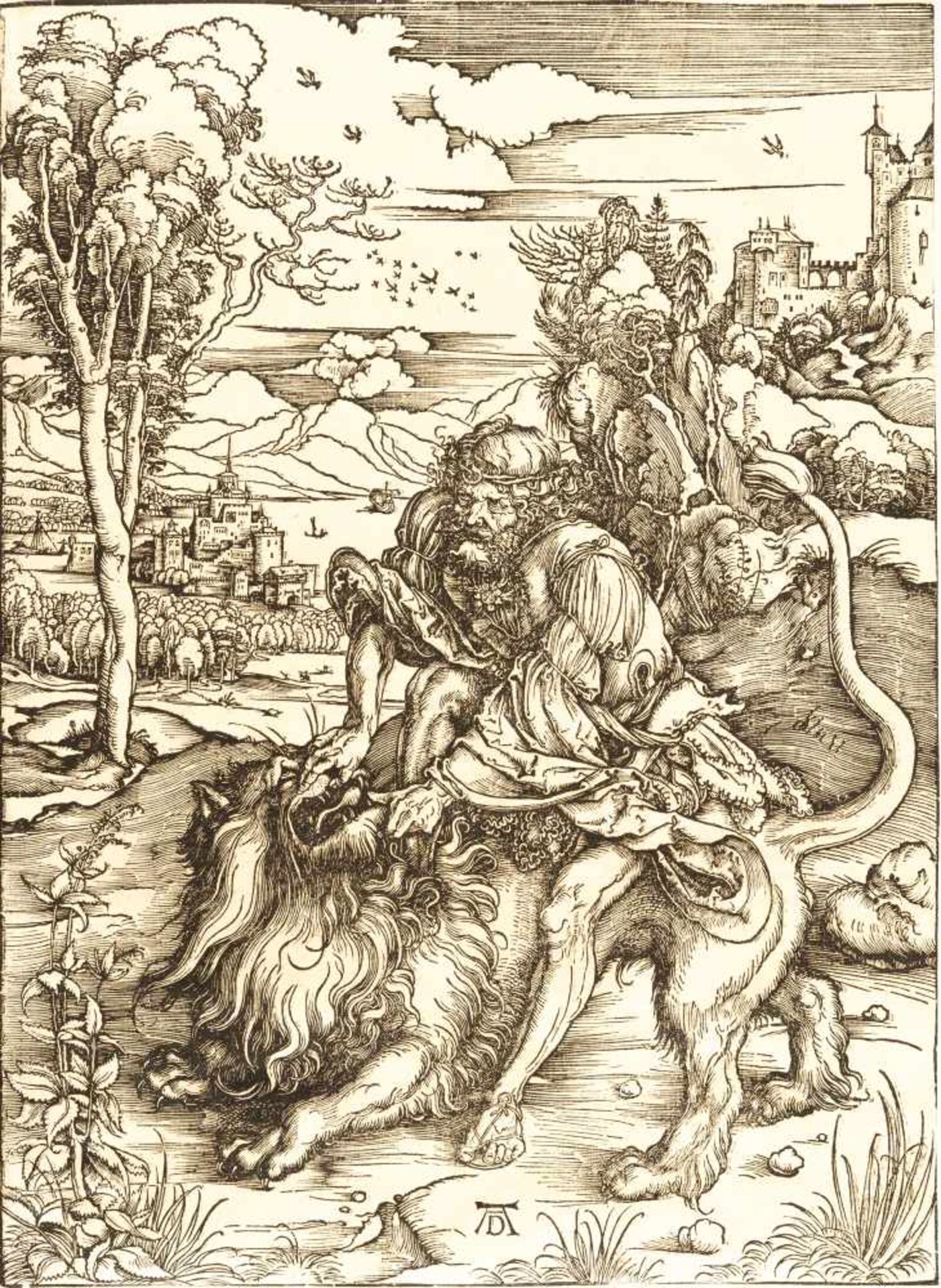 Albrecht DürerSamson tötet den LöwenHolzschnitt auf Bütten. (Um 1497/98). 38,1 x 27,9 cm (