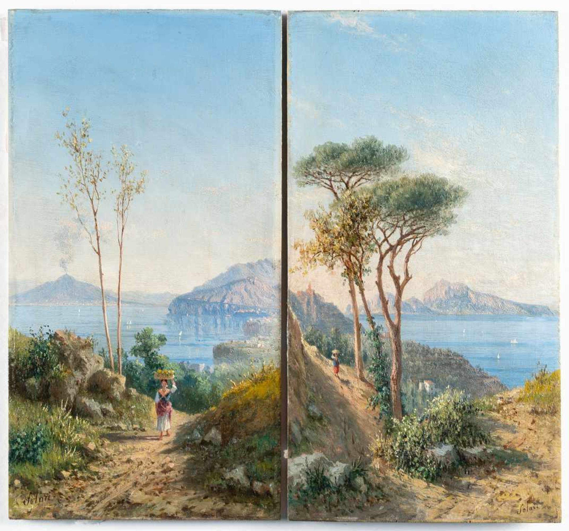 Achille SolariPendants: Blick auf Neapel – Blick auf CapriÖl auf Holz. Je 33 x 17,7 cm. Signiert - Bild 2 aus 3