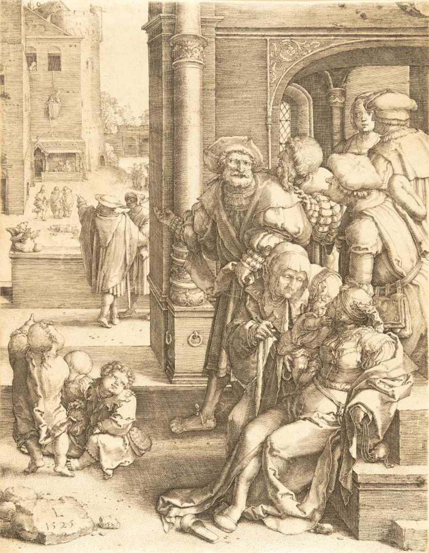 Lucas Van LeydenVirgil im KorbeKupferstich auf Bütten mit Wz. „Trauben“. (1525). 24,6 x 19,1 cm (