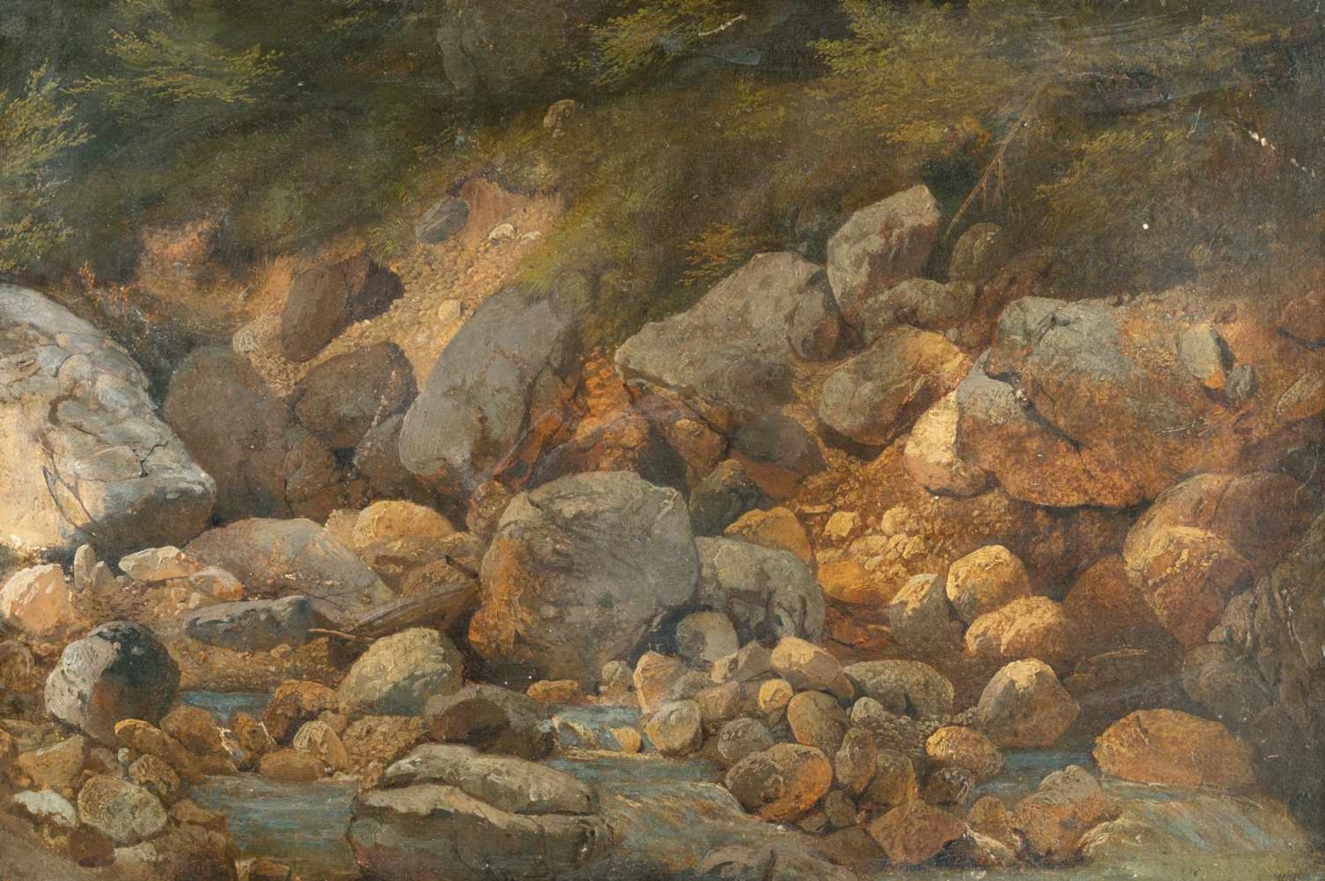 Carl MillnerBach mit FelsenÖl auf Papier, auf Leinwand aufgezogen. 29,5 x 43,5 cm. Verso auf der