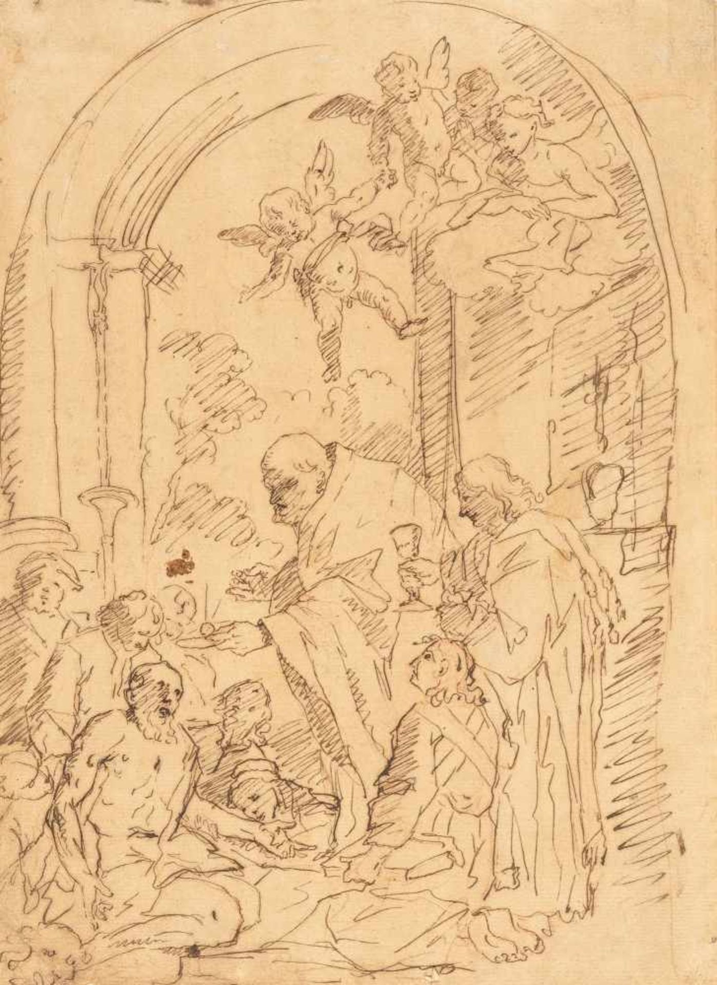 ItalianHeilige KommunionFeder in Braun über Rötel auf Bütten. (Um 1650). 26,5 x 19,5 cm. Verso