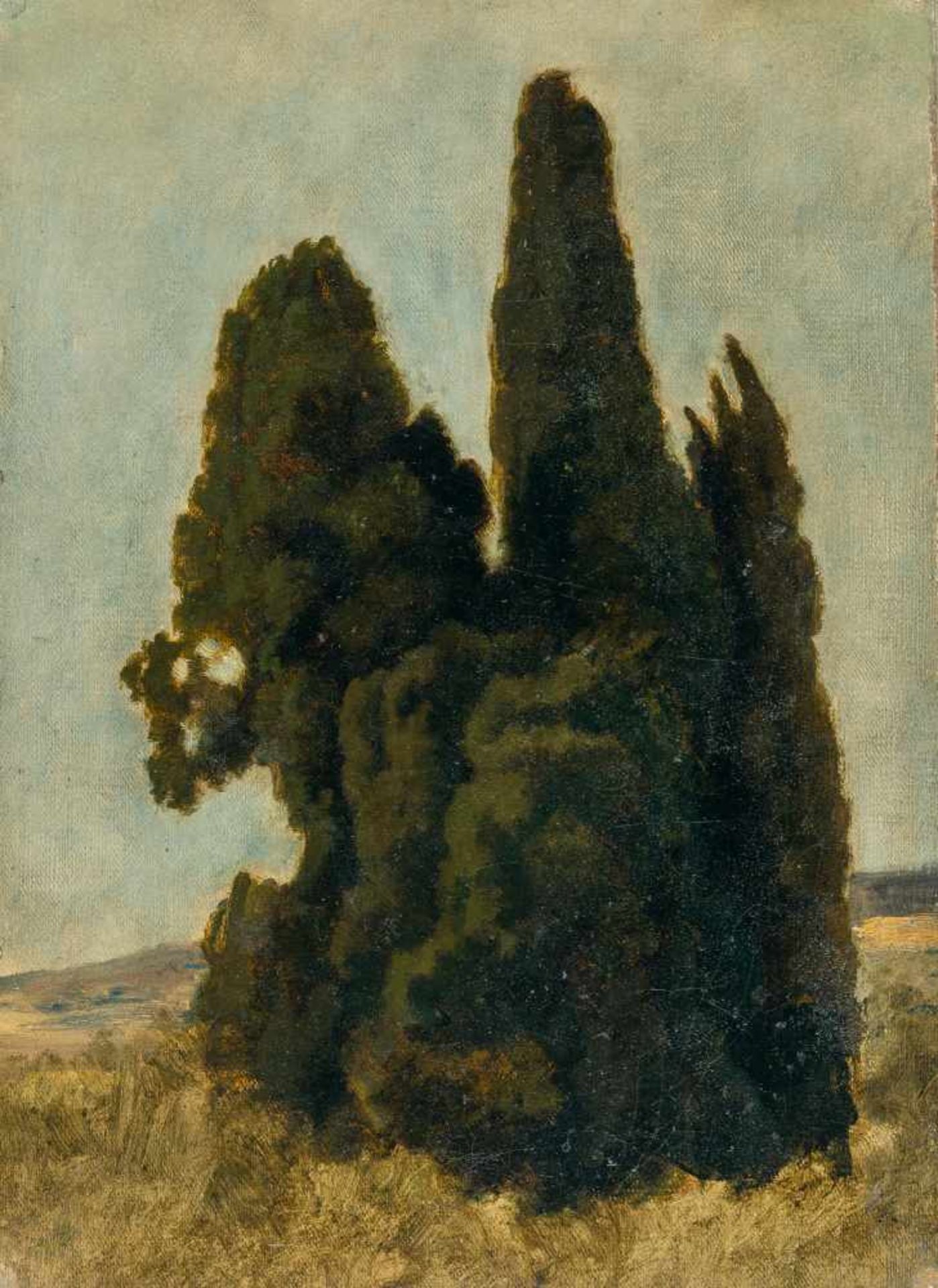 Eugen BrachtZypressenÖl auf Leinwand, auf Malkarton aufgezogen. 37,5 x 27,5 cm. Verso von fremder