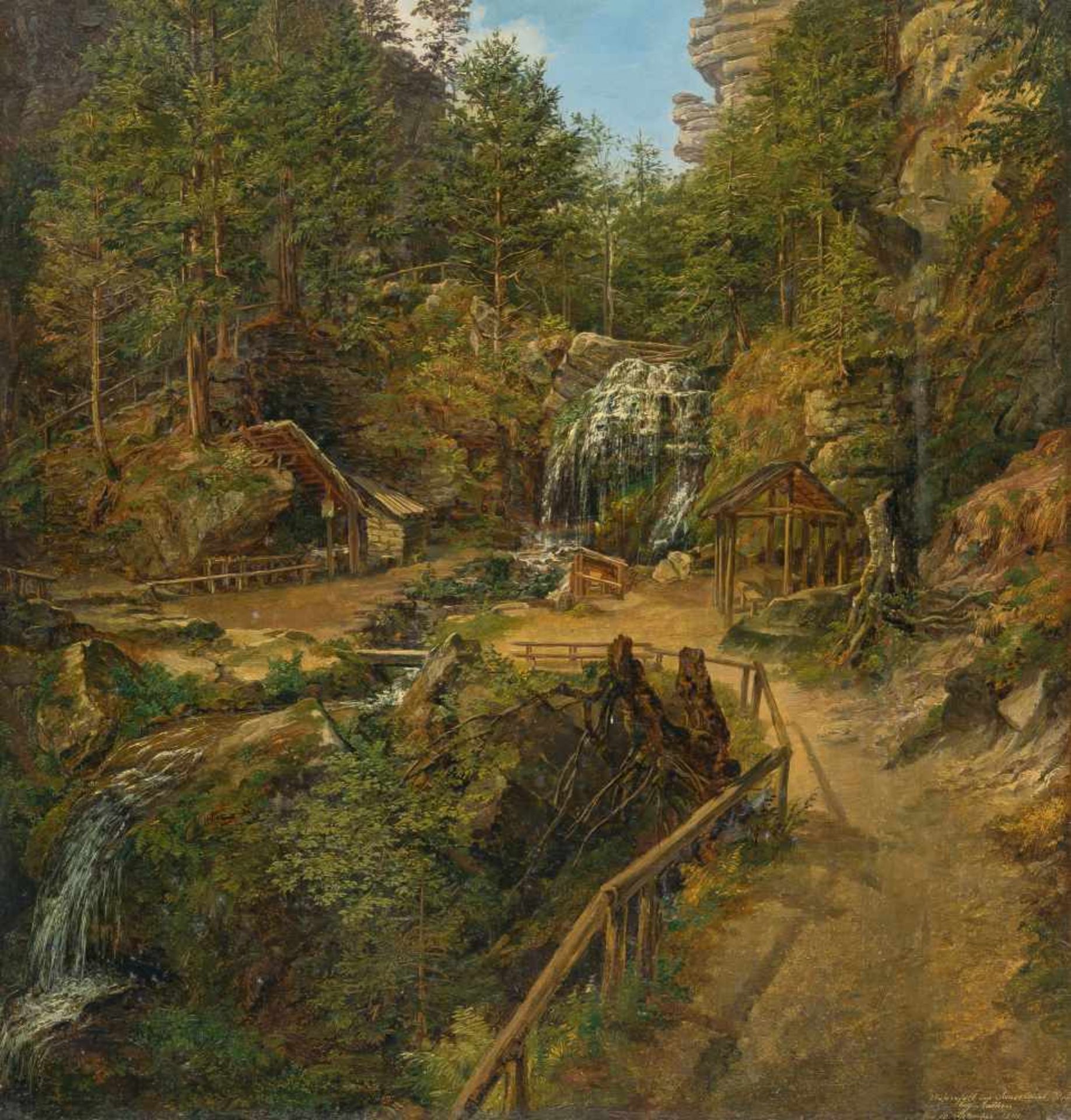 Matthias Rudolf TomaWasserfall im Amseltal bei RathenÖl auf Leinwand. 1842. 36 x 34,5 cm. Signiert