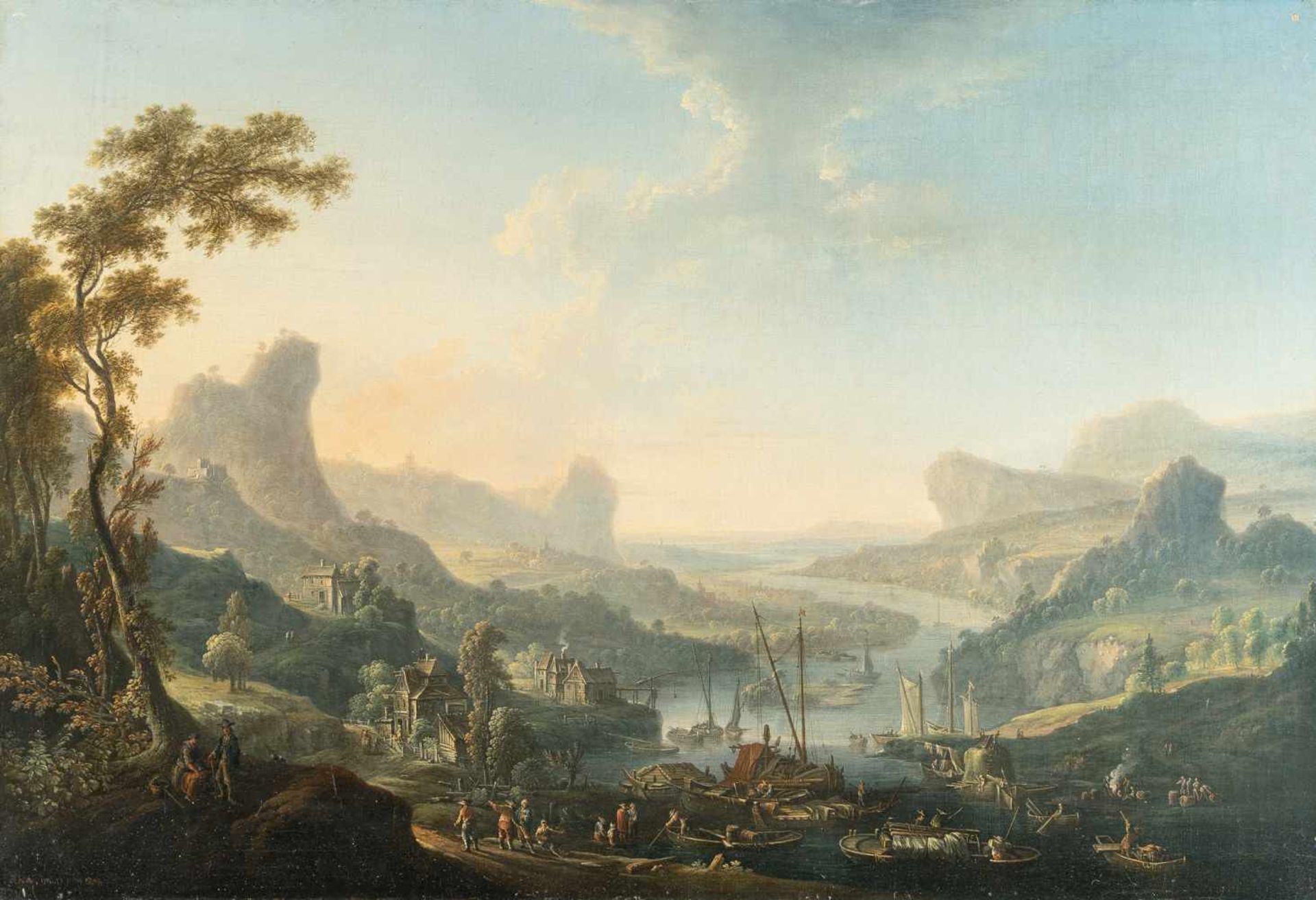Johann Alexander ThieleFlusslandschaft mit Felsen und Flößern (Elbsandsteingebirge)Öl auf
