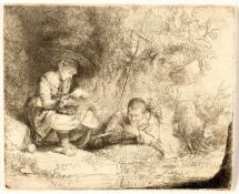 Rembrandt Harmensz. Van RijnDer Flötenspieler (Het Uilespiegeltje)Radierung auf Bütten. (1642). 11,9