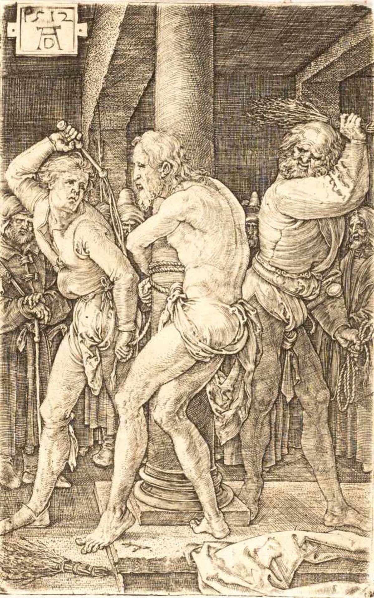 Albrecht DürerDie GeißelungKupferstich auf Bütten. (1512). 11,6 x 7,4 cm (Blattgröße).Blatt 6 aus