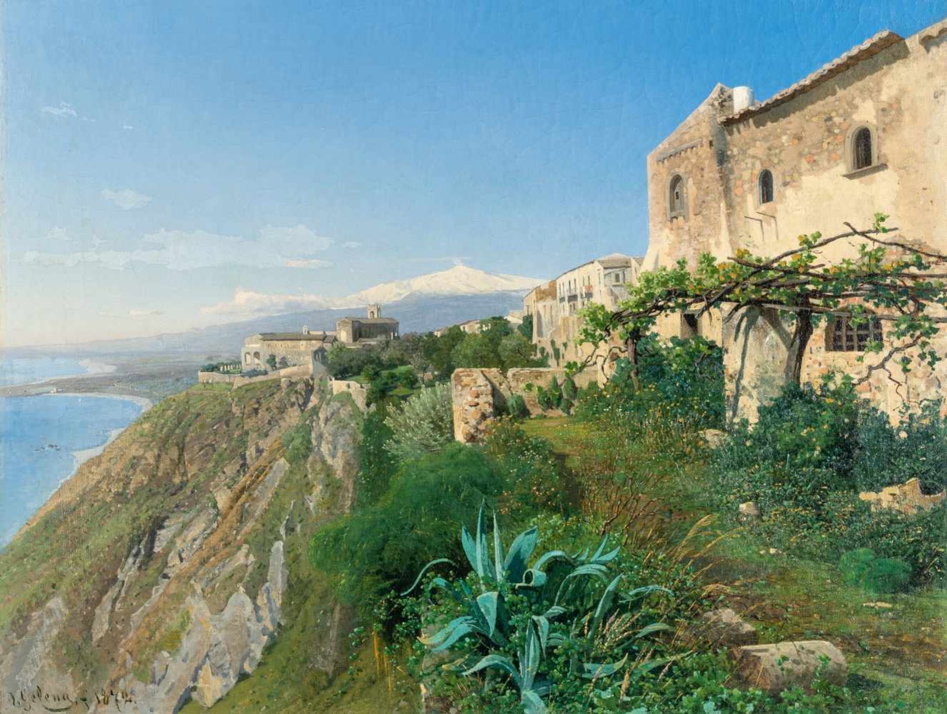 Friedrich Otto GelengBlick über Taormina auf den ÄtnaÖl auf Leinwand, randdoubliert. 1872. 54,5 x