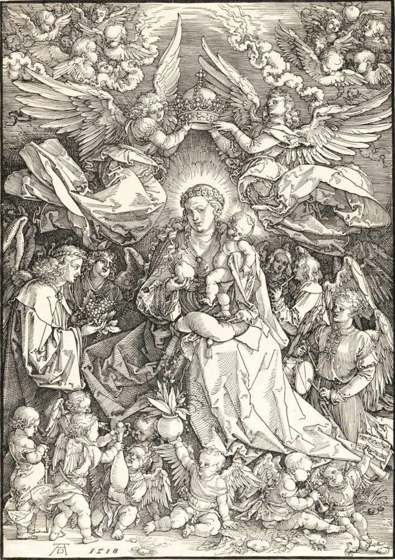 Albrecht DürerMaria, als Königin der Engel (Maria von zwei Engeln gekrönt)Holzschnitt auf Bütten mit